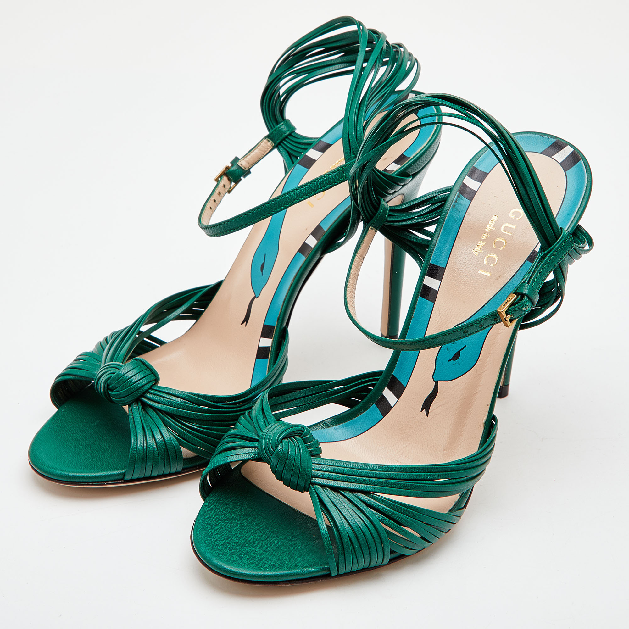 

Gucci Green Leather Allie Knot Ankle Strap Sandals Size