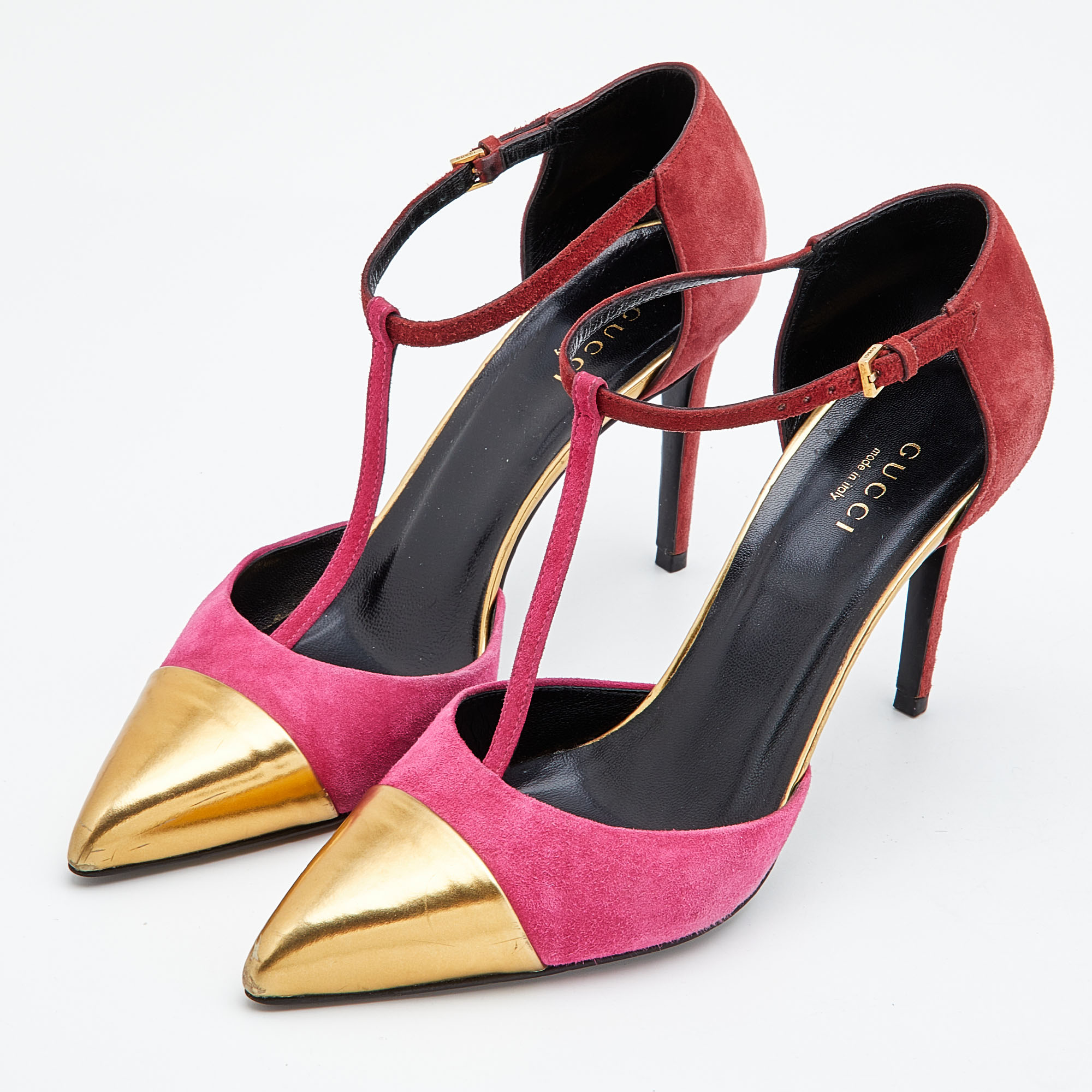 

Gucci Pink/Gold Suede and Leather Pointed Toe T-Strap Pumps Size