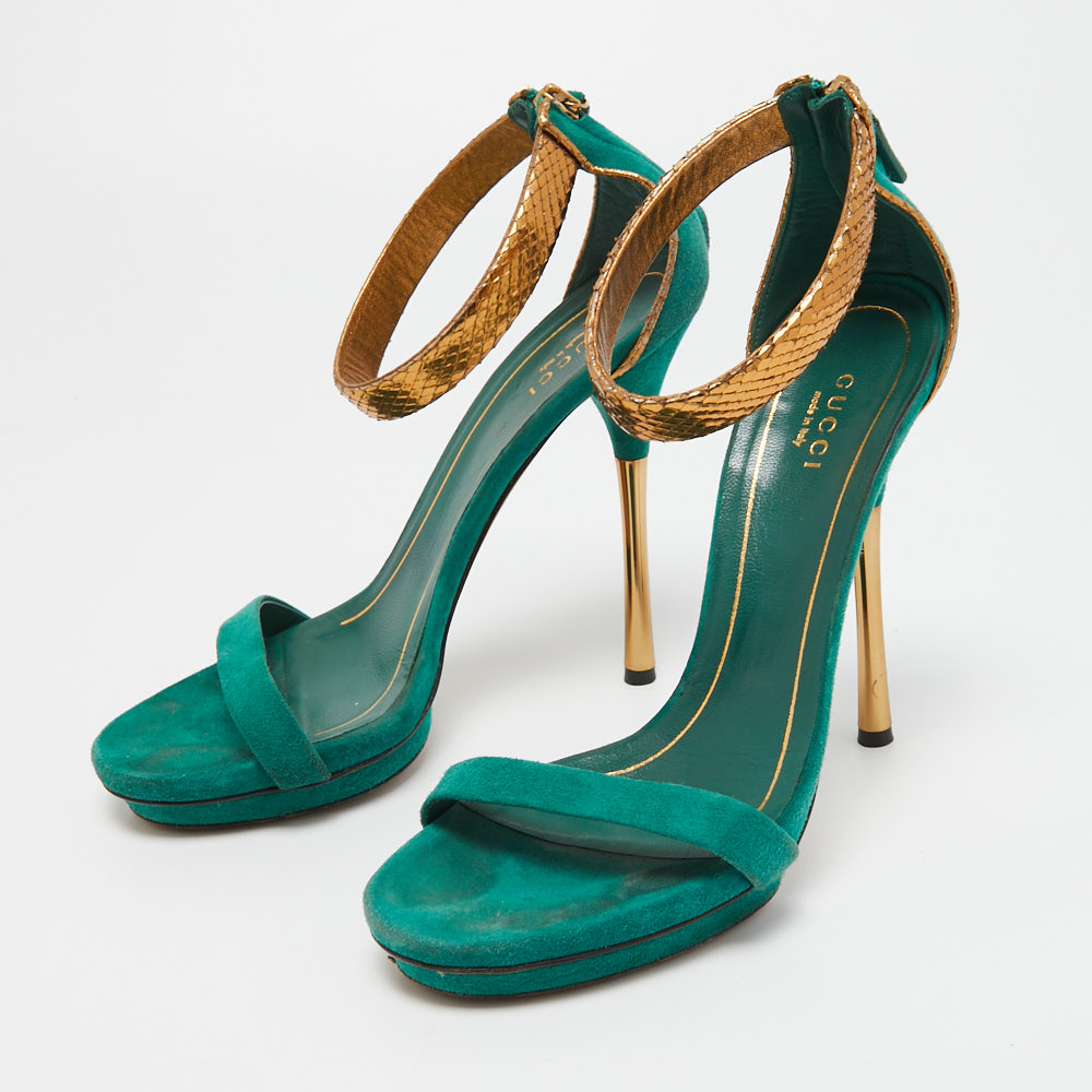 

Gucci Green/Gold Suede and Snakeskin Ankle Strap Sandals Size