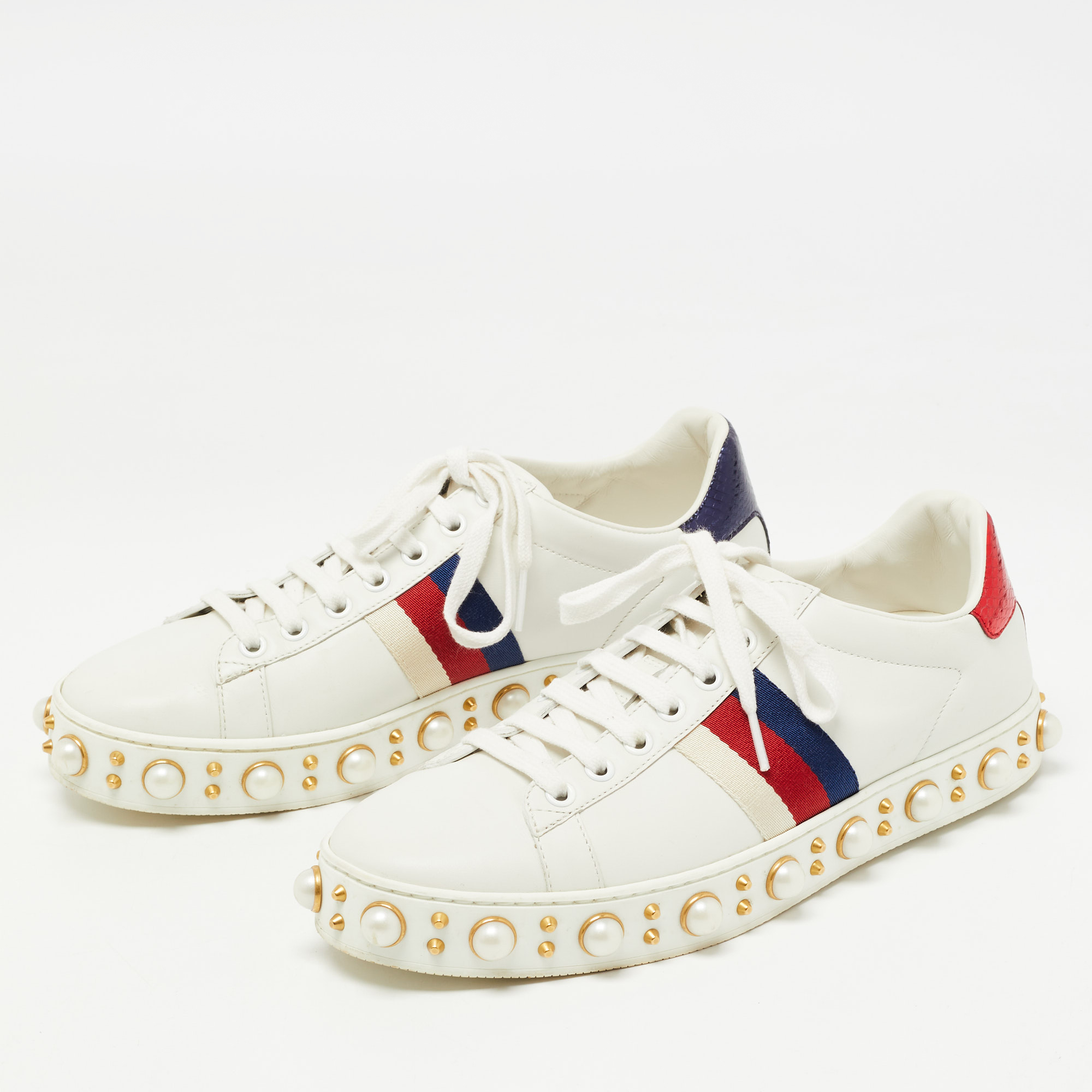 

Gucci White Leather Pearl Embellished New Ace Sneakers Size