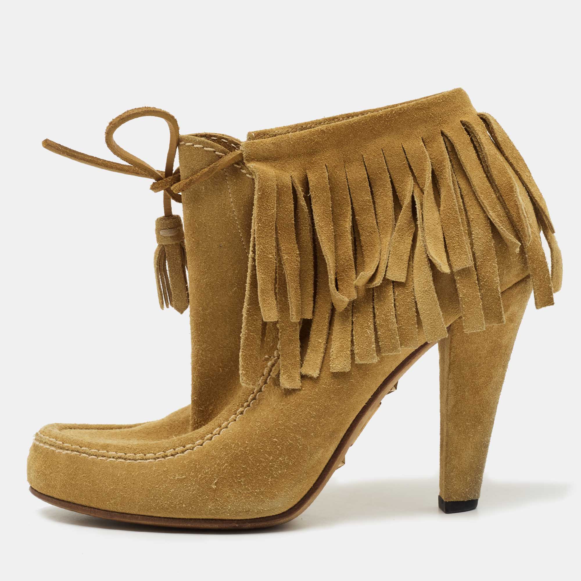 Pre-owned Gucci Mustard Suede Fringe Ankle Length Boots Size 36.5 In Yellow
