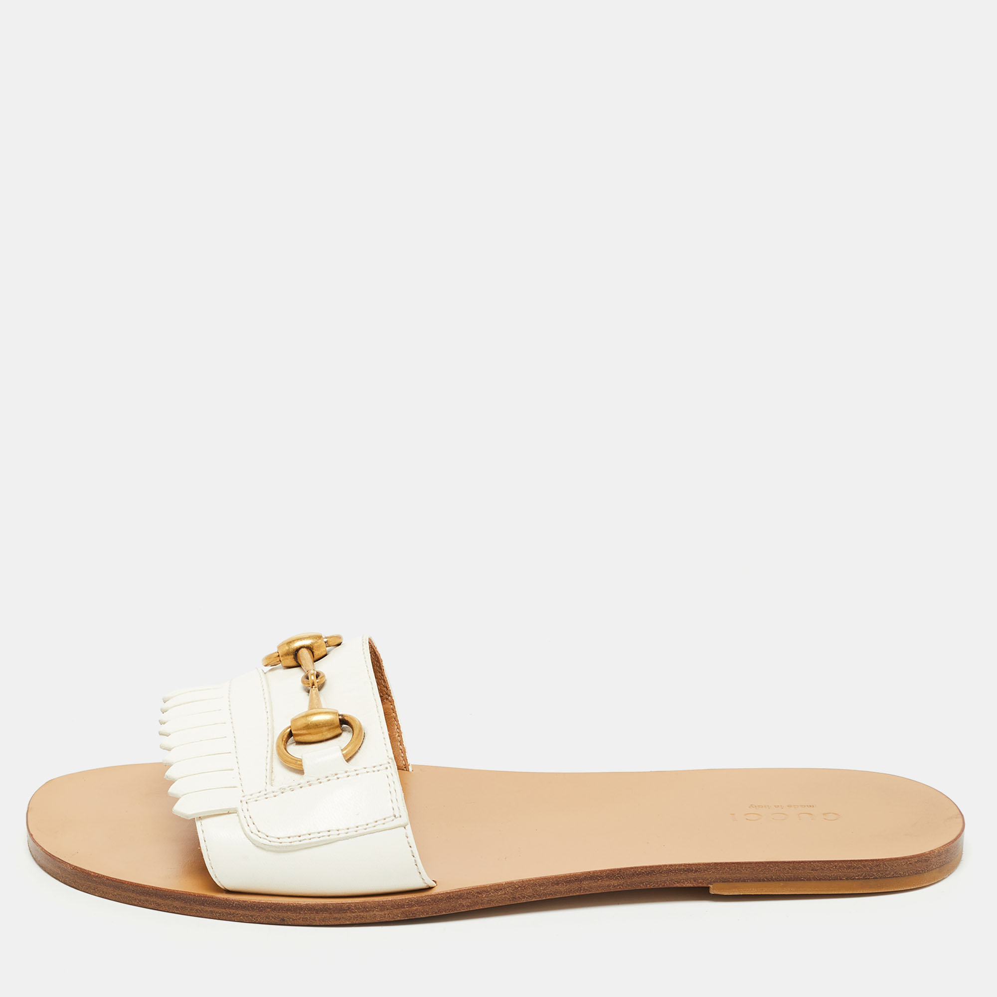 Gucci White Leather Fringe Trim Accent Slides Size 39