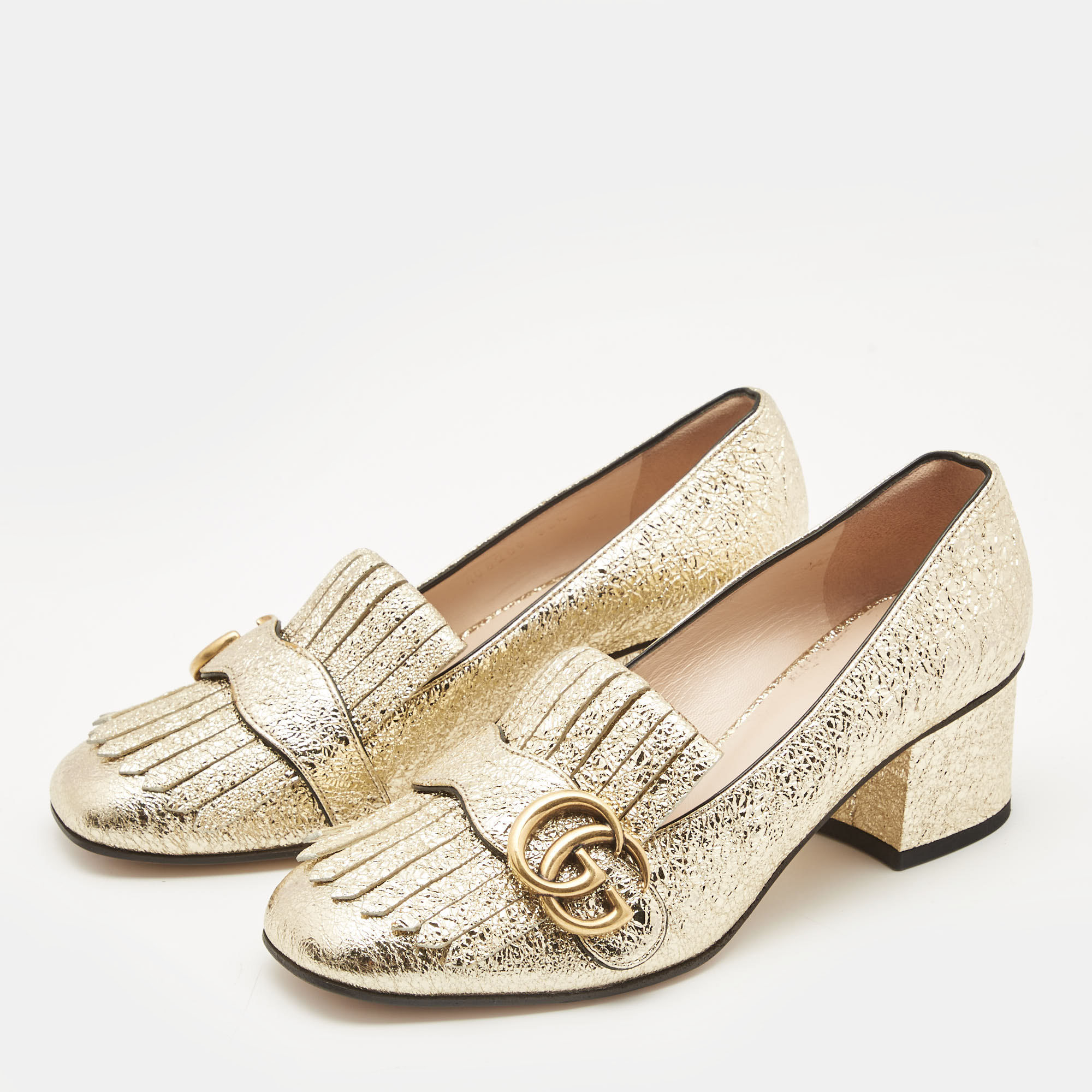 

Gucci Gold Laminated Leather Double G Fringe Pumps Size