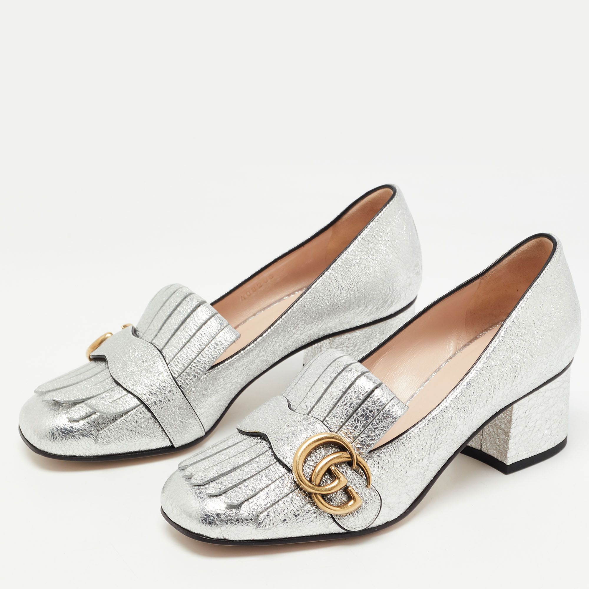 

Gucci Silver Laminated Leather Double G Fringe Pumps Size
