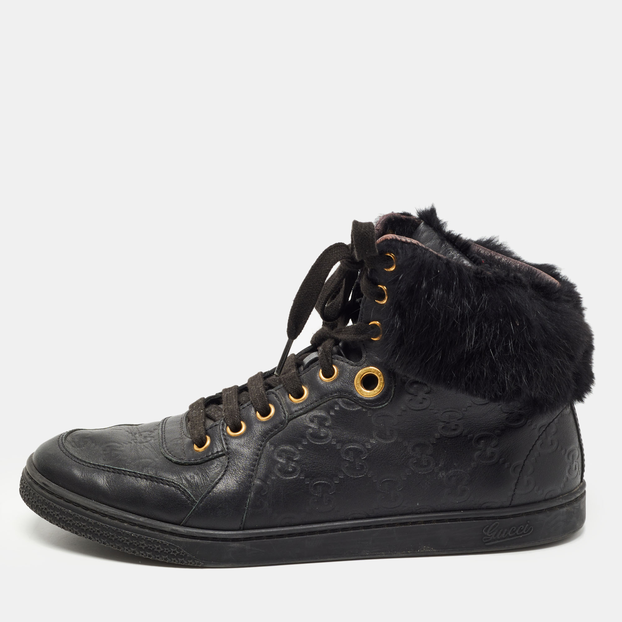 Pre-owned Gucci Ssima Leather And Fur Trim Cada High Top Sneakers Size 40 In Black