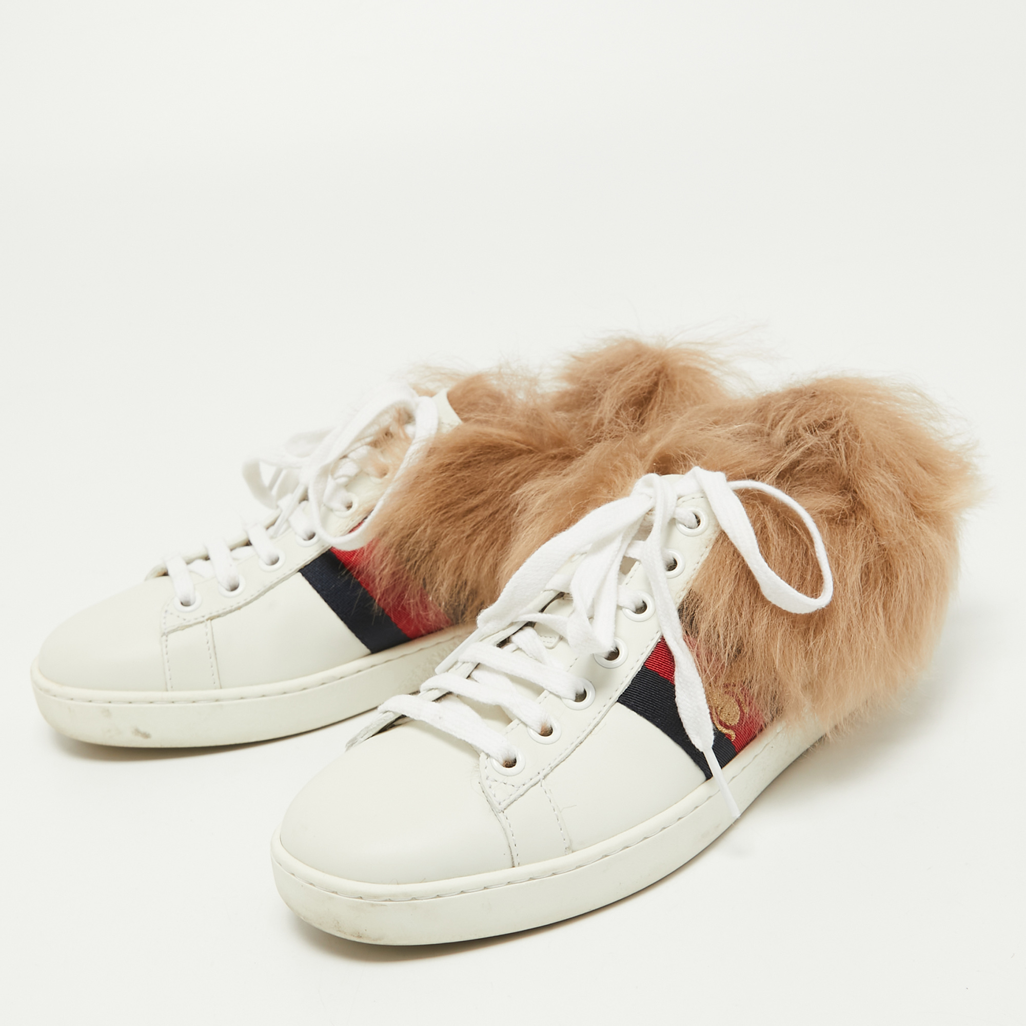 

Gucci White Leather and Fur Bee Embroidered Ace Sneakers Size