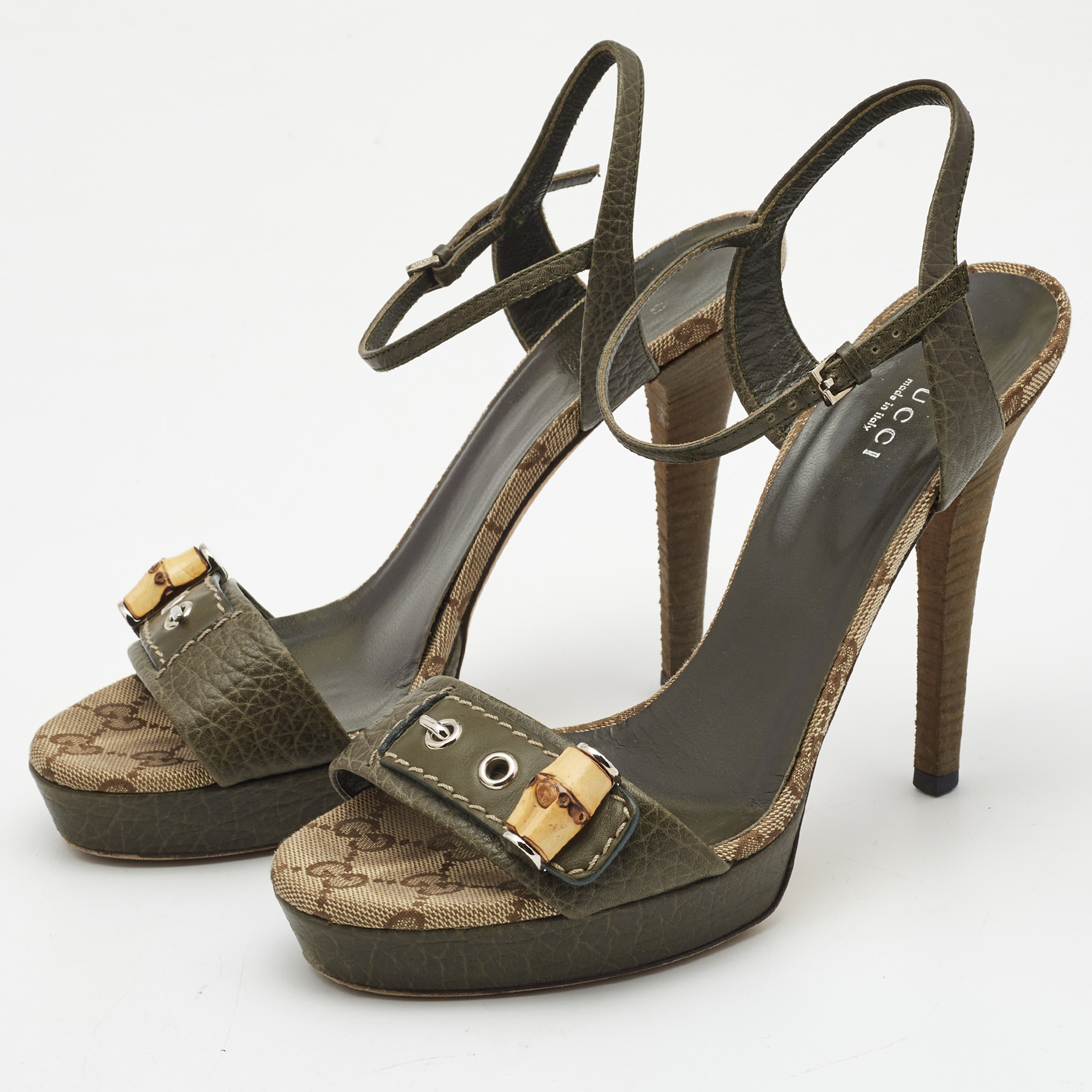 

Gucci Olive Green Leather Ankle Strap Platform Sandals Size