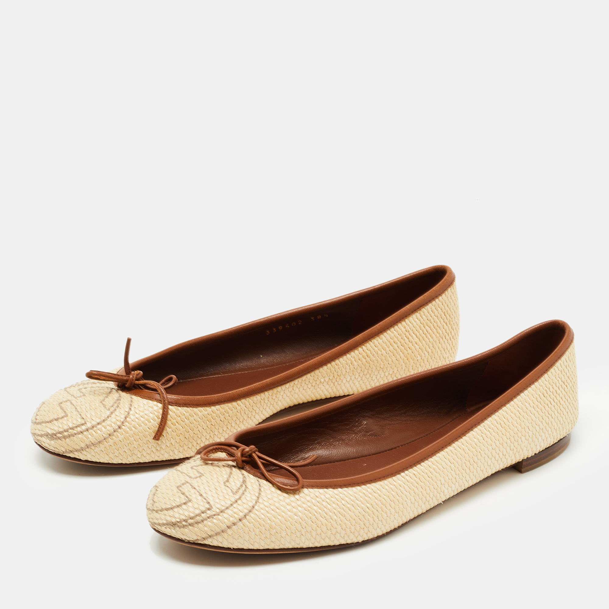 

Gucci Cream/Brown Leather and Raffia Interlocking G Logo Ballet Flats Size