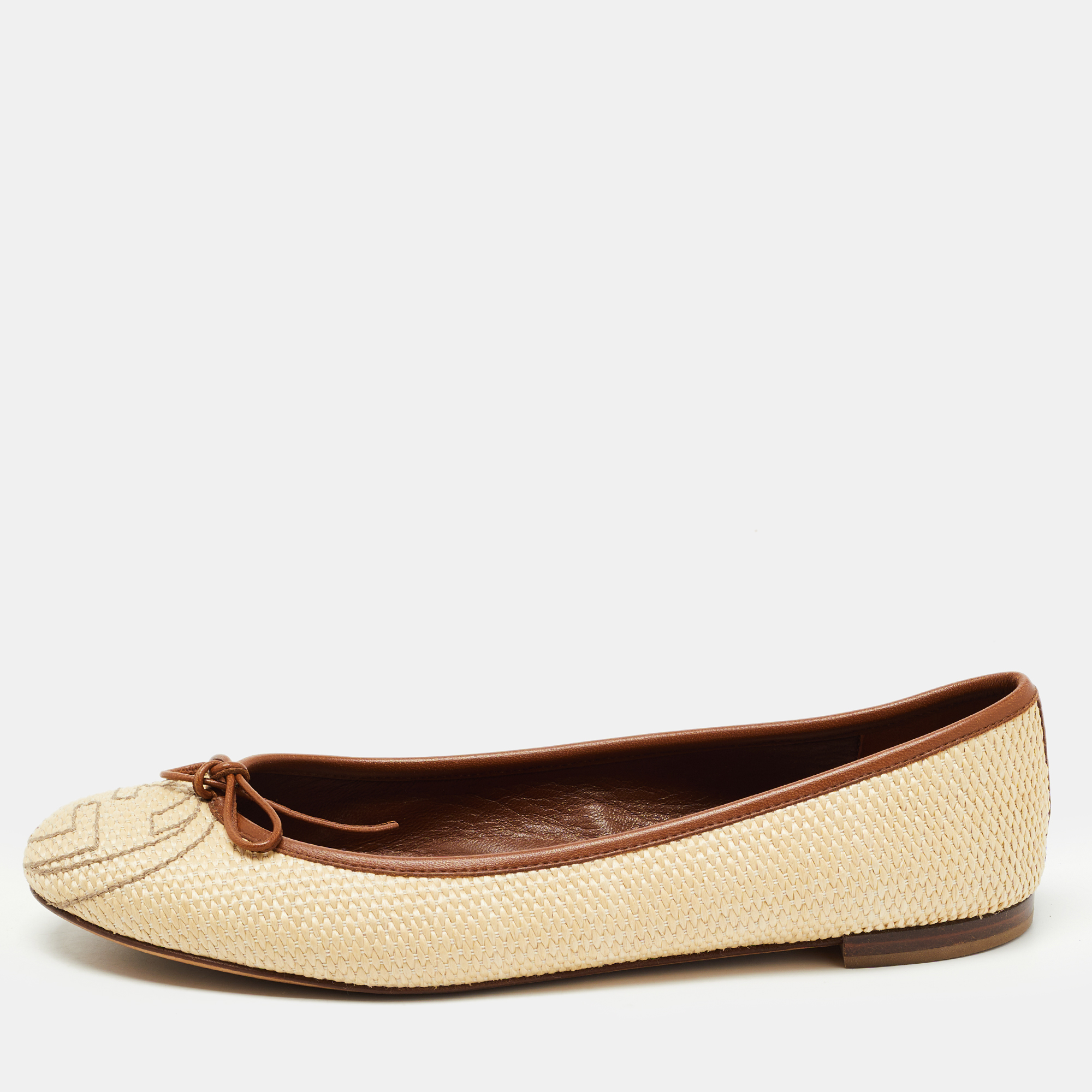 Pre-owned Gucci Cream/brown Leather And Raffia Interlocking G Logo Ballet Flats Size 38.5