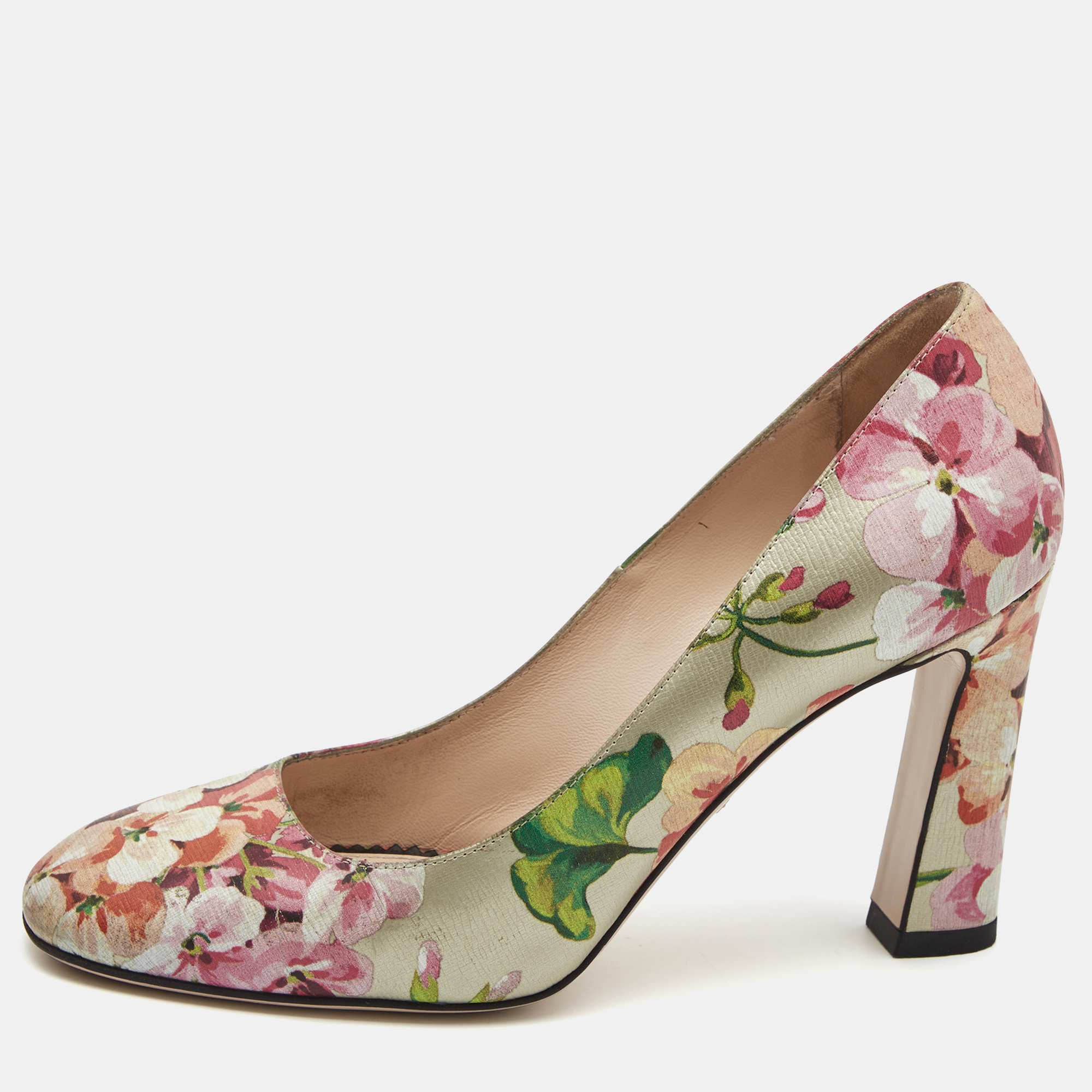 Pre-owned Gucci Multicolor Floral Leather Block Heel Pumps Size 37.5