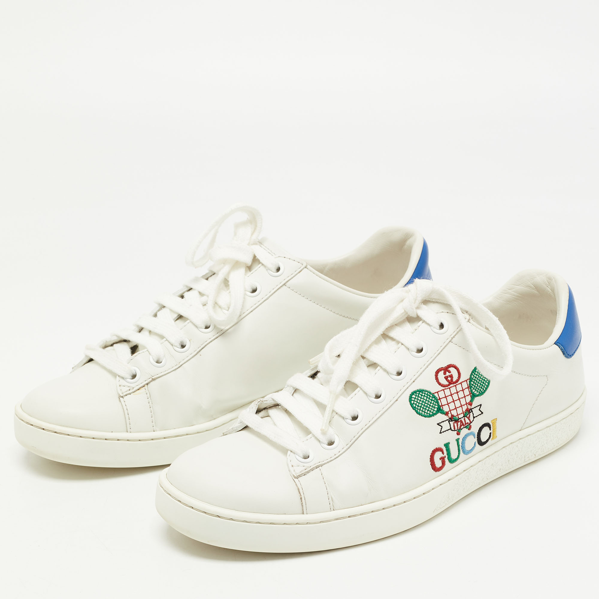 

Gucci White/Blue Leather Tennis Embroidered Low Top Sneakers Size
