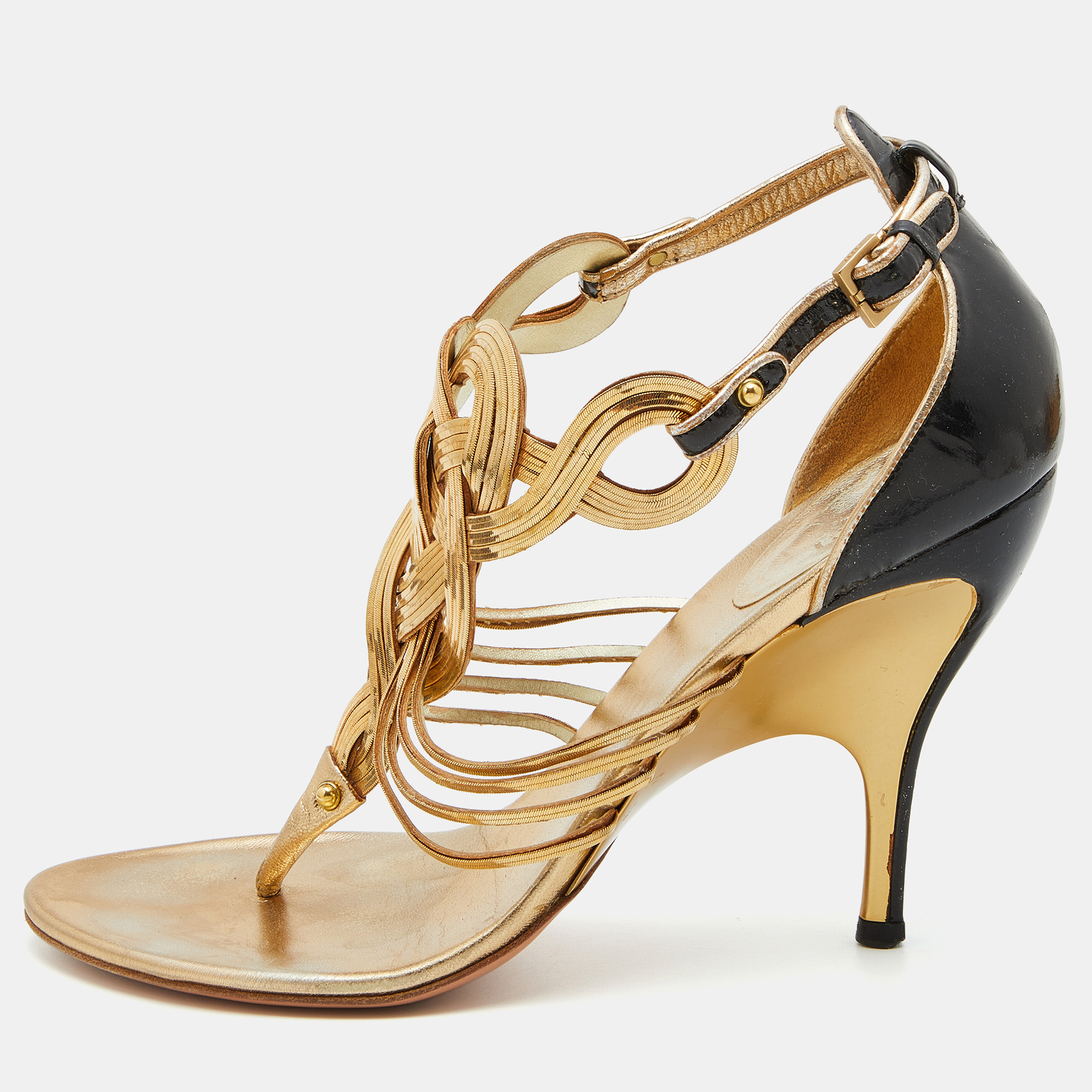 Pre-owned Gucci Metallic Gold/black Leather Chain Occasion Ankle Strap Sandals Size 38