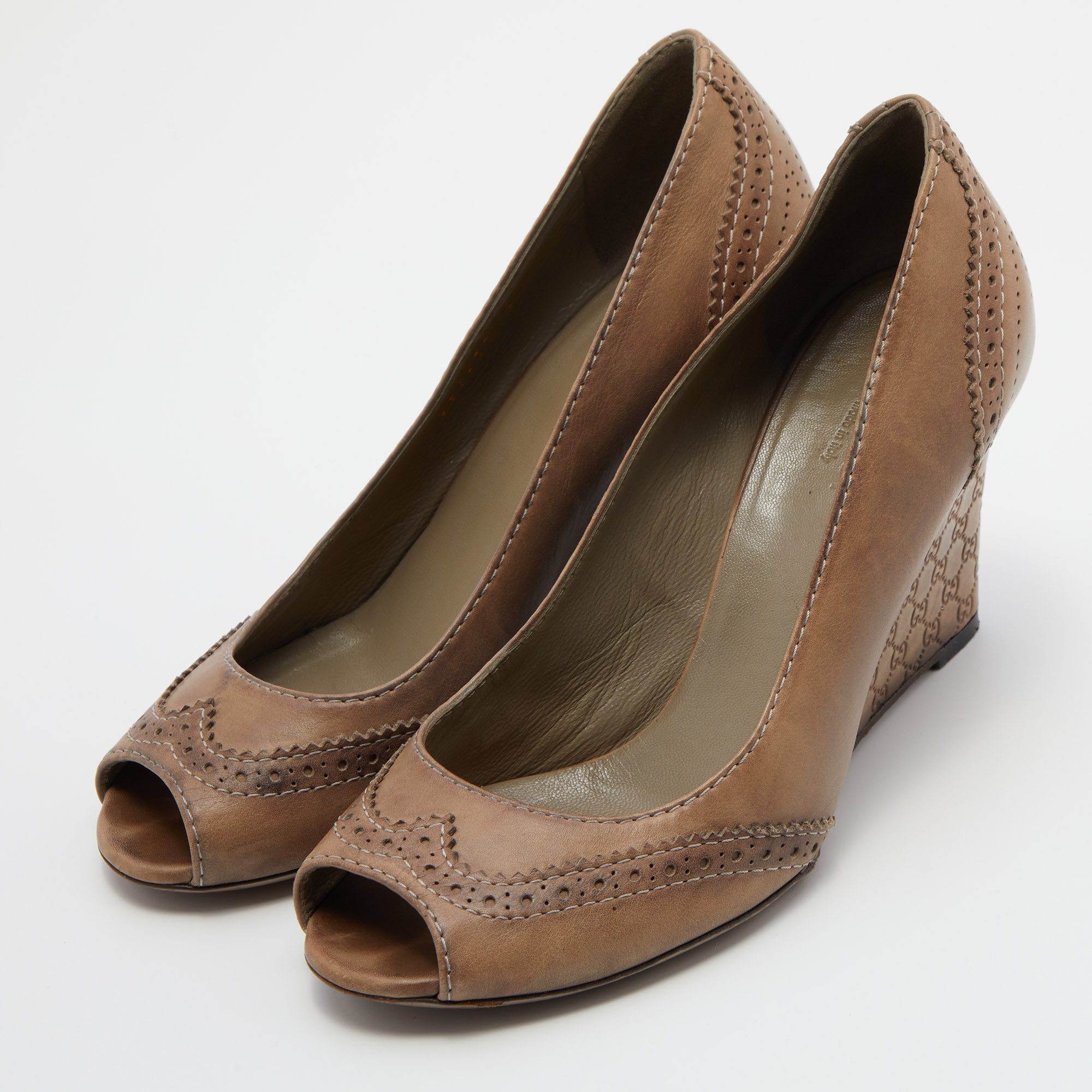 

Gucci Brown Brogue Leather Wedge Peep Toe Pumps Size, Beige