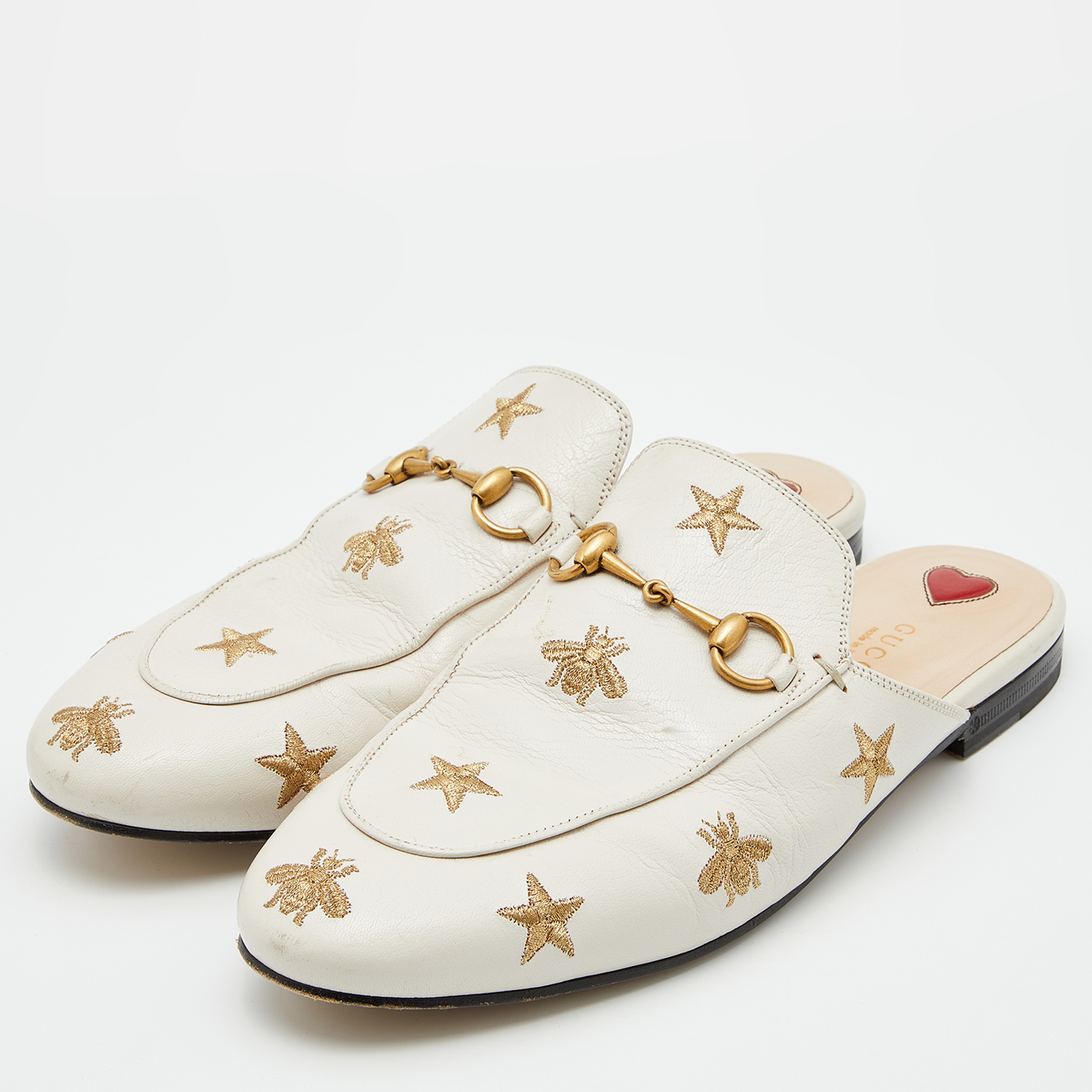 

Gucci Cream Leather Bee and Star Embroidered Princetown Flat Mules Size