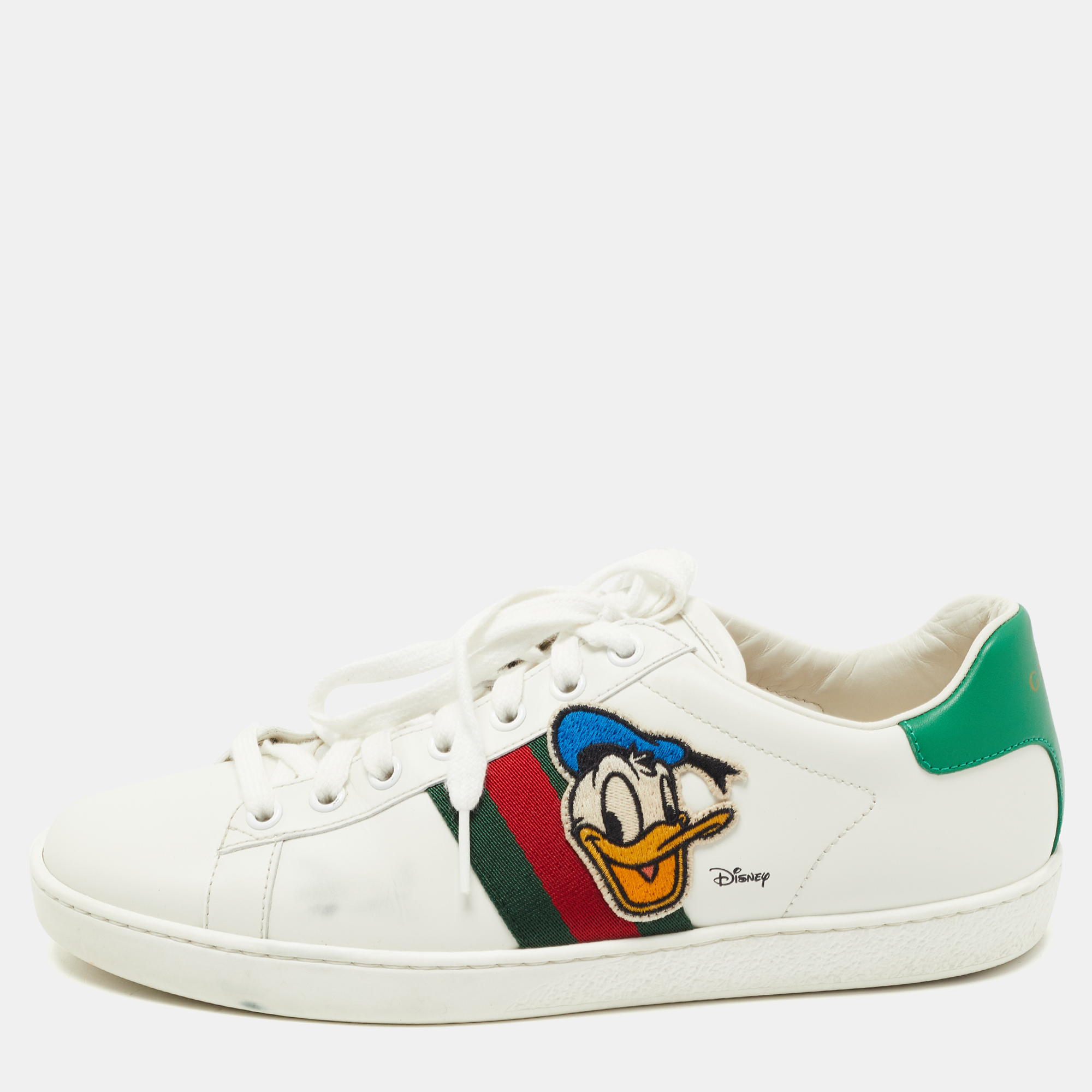 Pre-owned Gucci X Disney White Leather Donald Duck Ace Sneakers Size 38