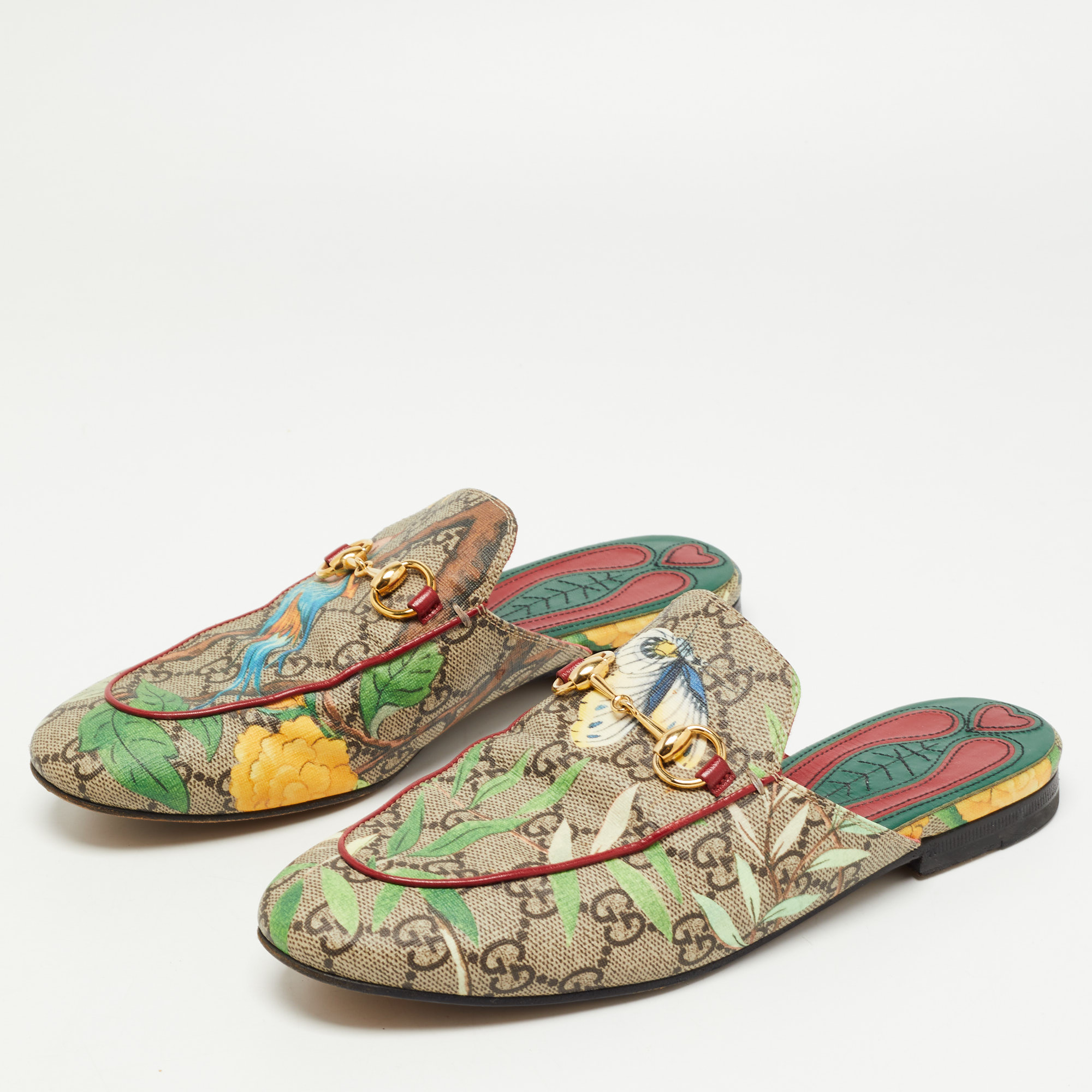 

Gucci Multicolor Tian Print GG Supreme Canvas Horsebit Flat Mules Size