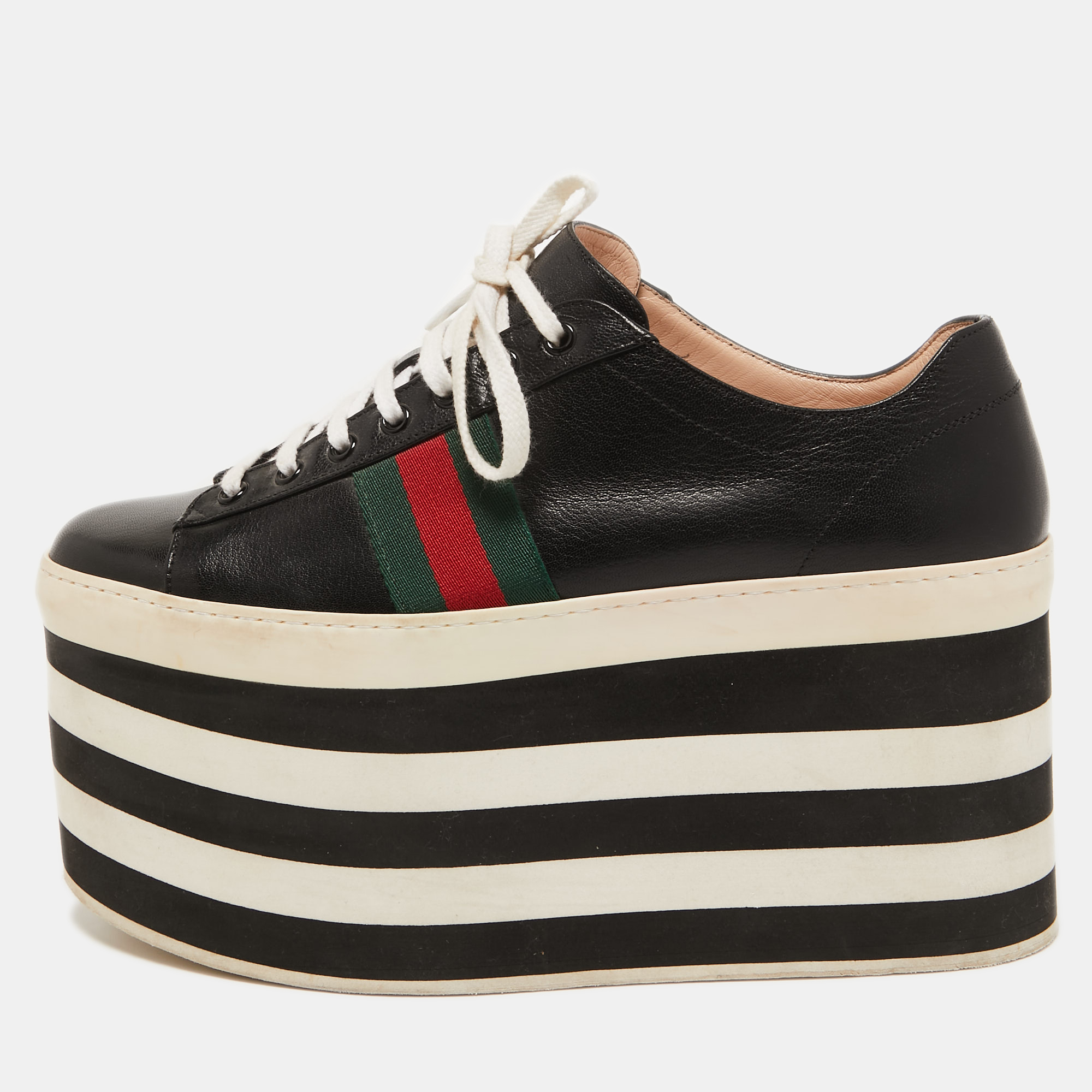 Pre-owned Gucci Black Leather Peggy Ace Platform Sneakers Size 40