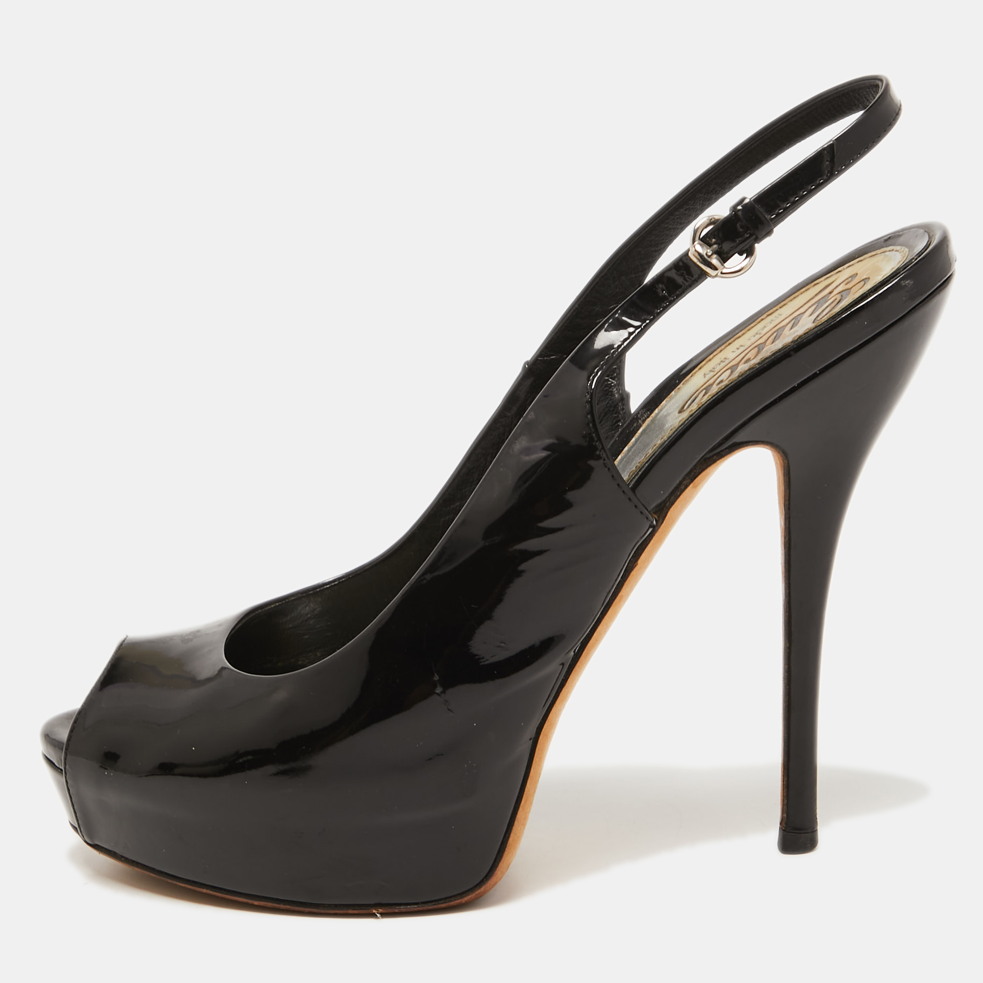 Pre-owned Gucci Black Patent Leather Sofia Platform Slingback Sandals Size 37.5