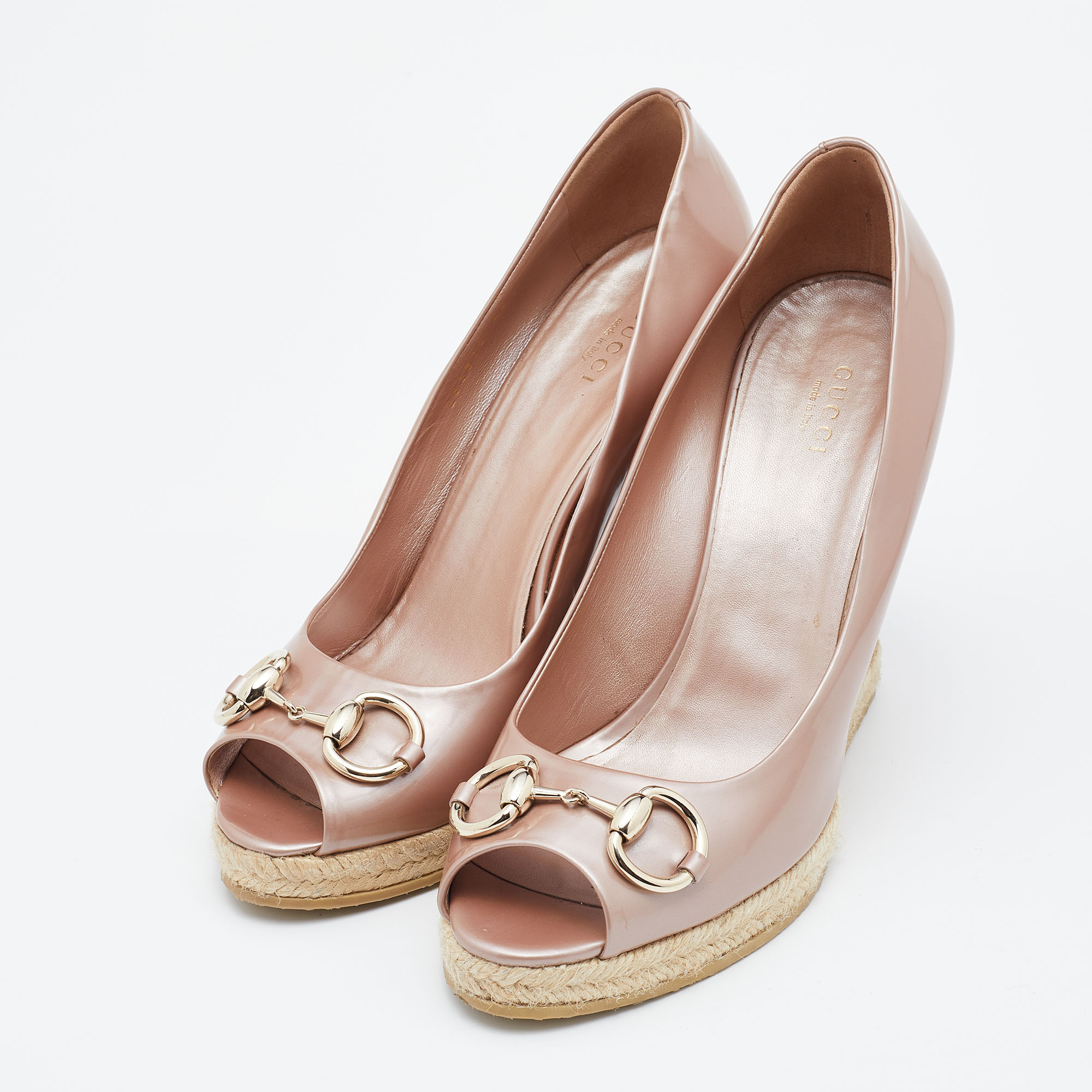 

Gucci Pink Patent Leather Horsebit Peep Toe Wedge Pumps Size