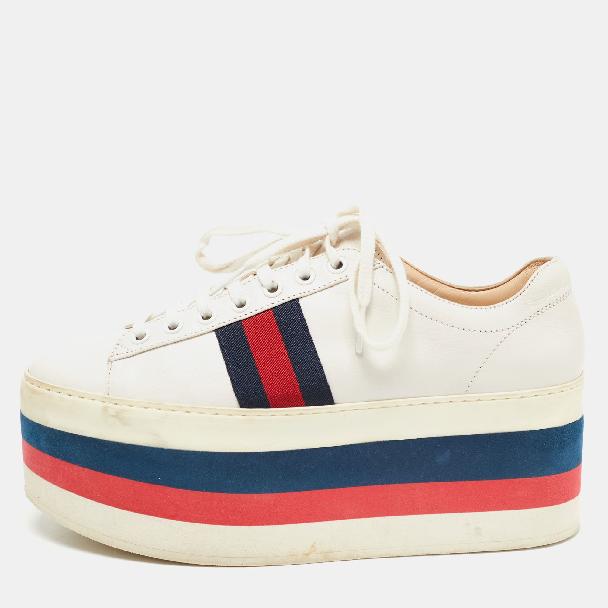 Pre-owned Gucci White Leather Peggy Platform Sneakers Size 38.5