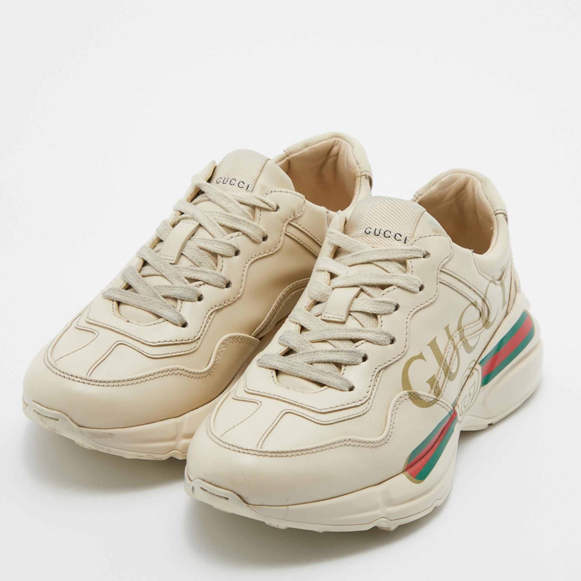 

Gucci Cream Leather Rhyton Lace Up Sneakers Size