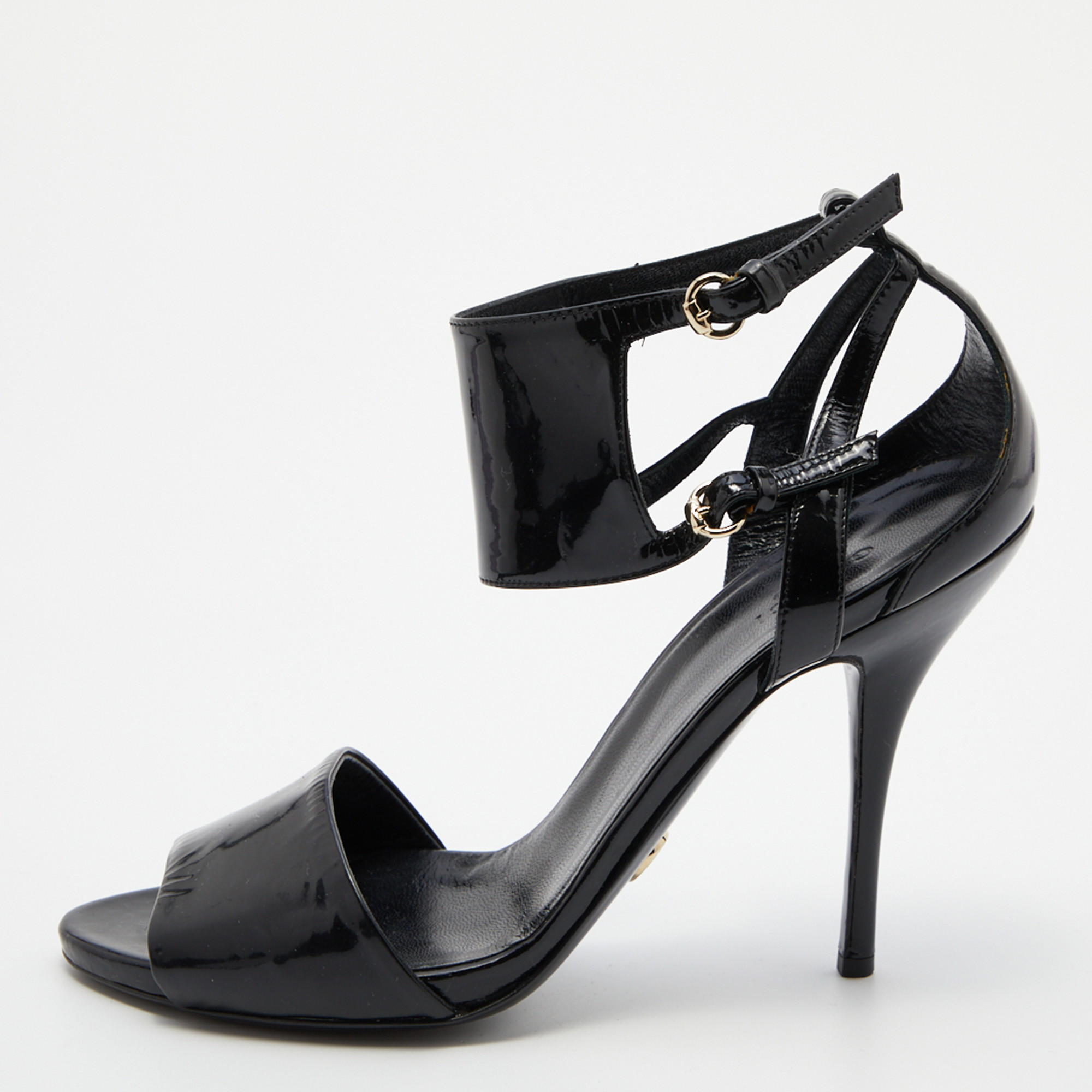 Pre-owned Gucci Black Patent Leather Open Toe Ankle Strap Sandals Size 38.5