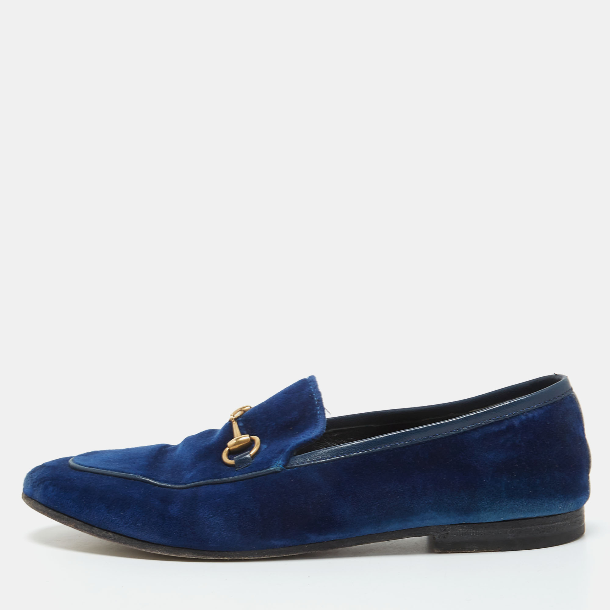 Pre-owned Gucci Blue Velvet Jordaan Loafers Size 38.5