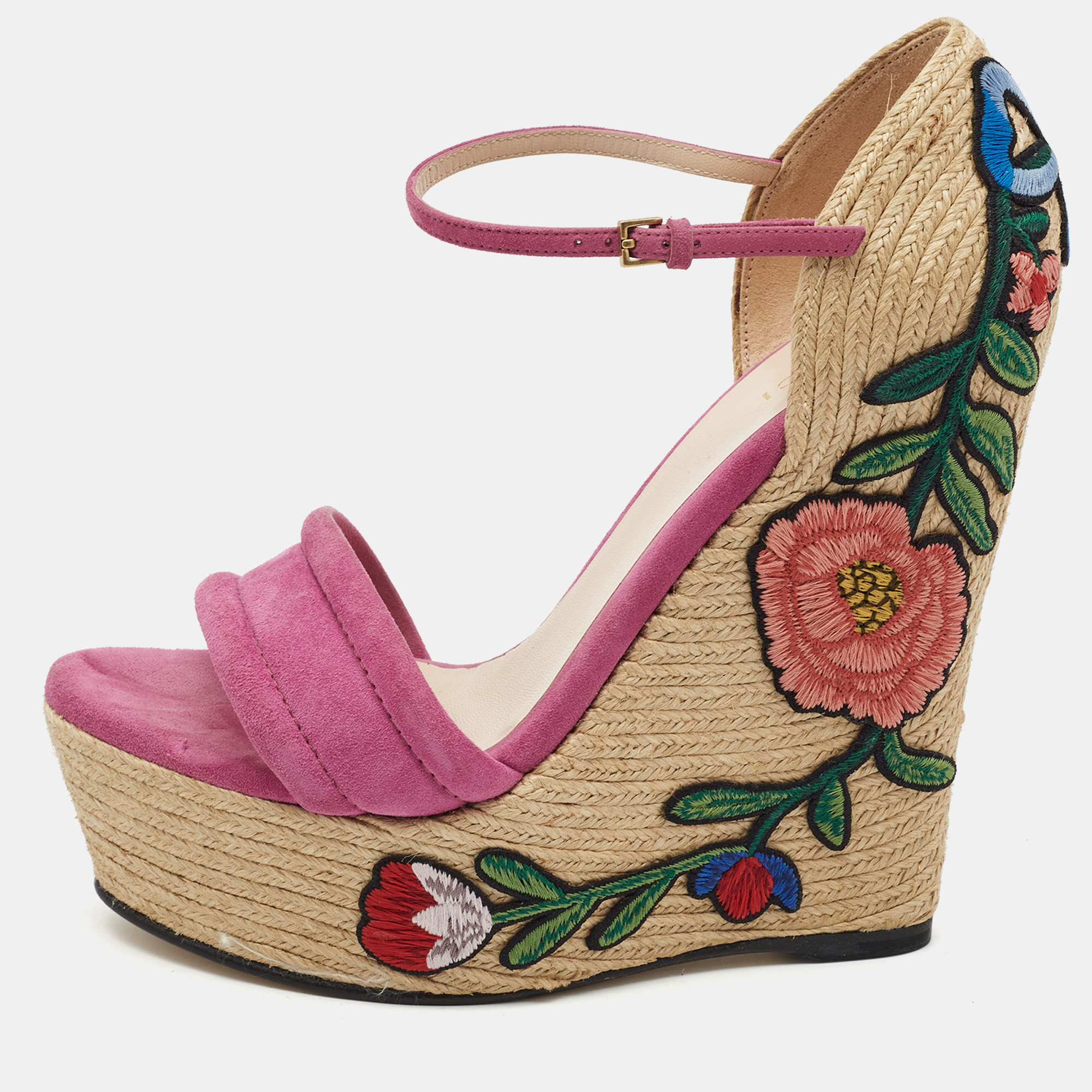 Pre-owned Gucci Pink Suede Floral Espradrille Wedge Sandals Size 38
