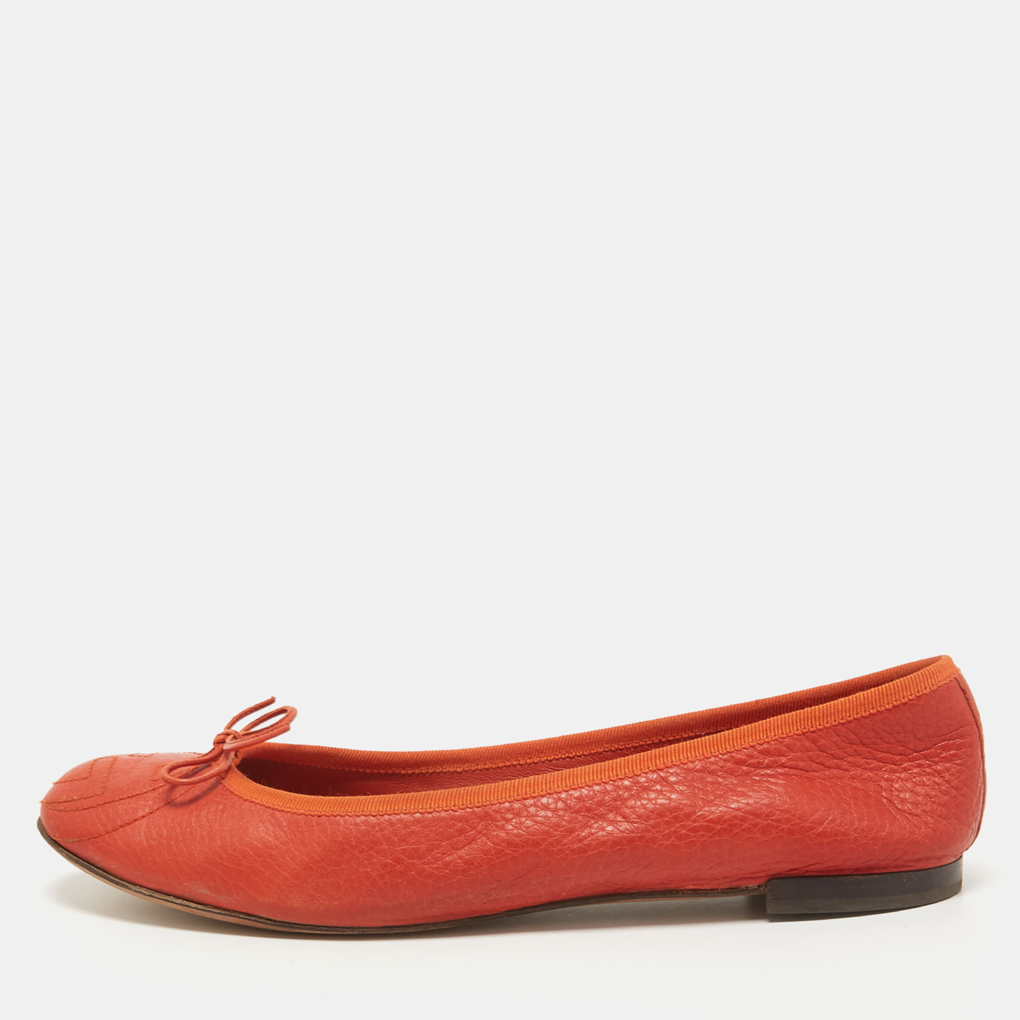 Pre-owned Gucci Orange Leather Bow Ballet Flats Size 39.5