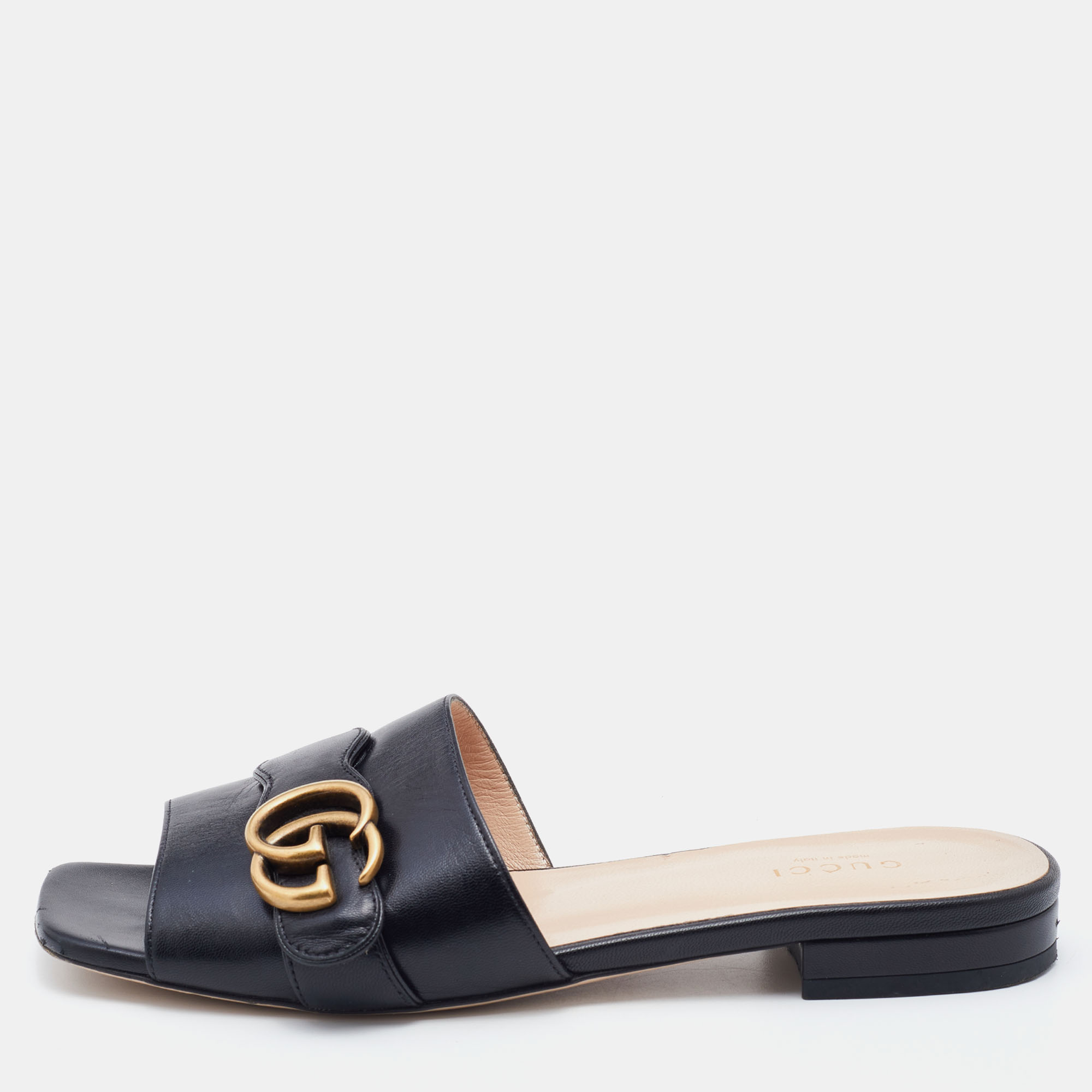 Pre-owned Gucci Black Leather Interlocking G Buckle Slide Sandals Size 37