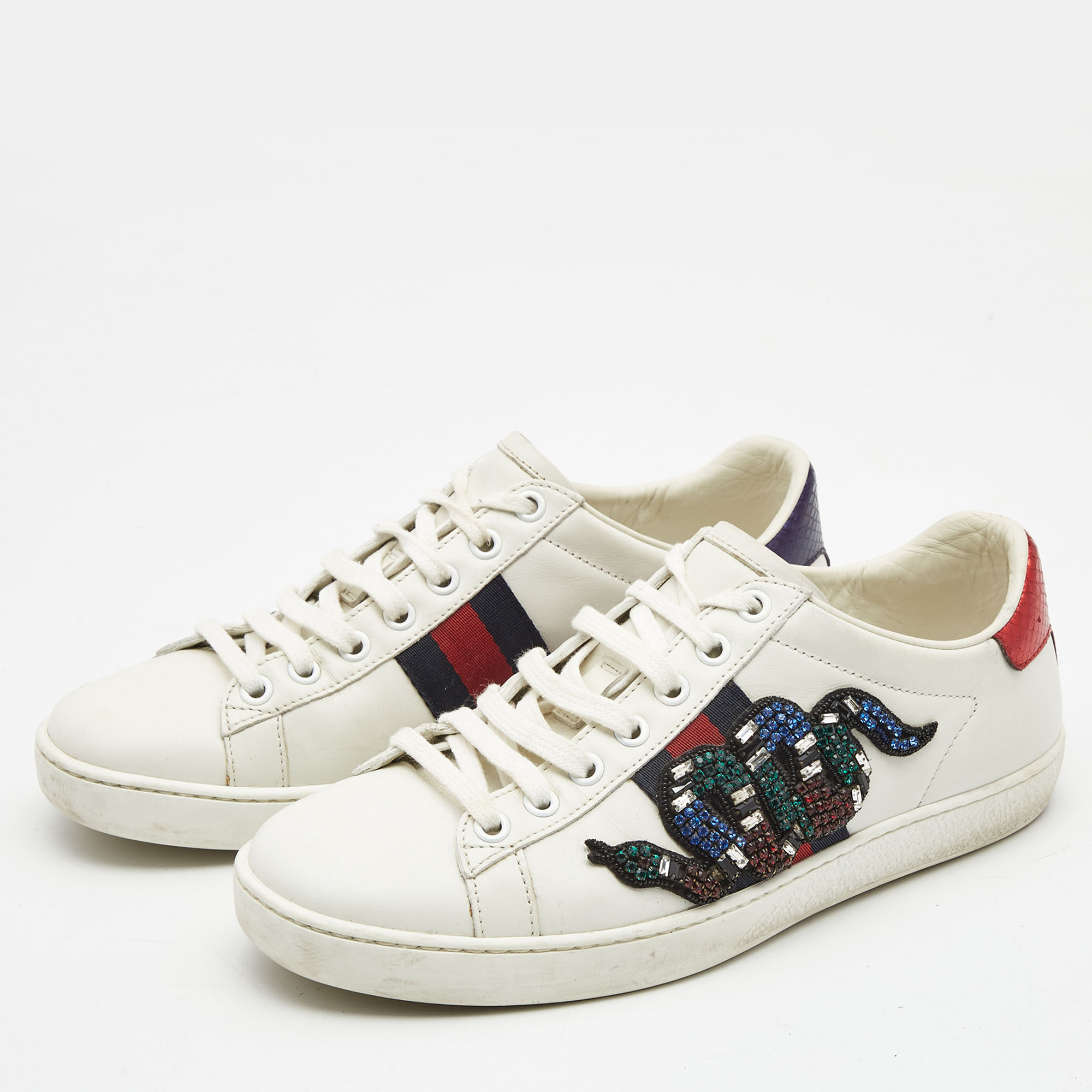 

Gucci White Leather Embellished Snake Ace Sneakers Size