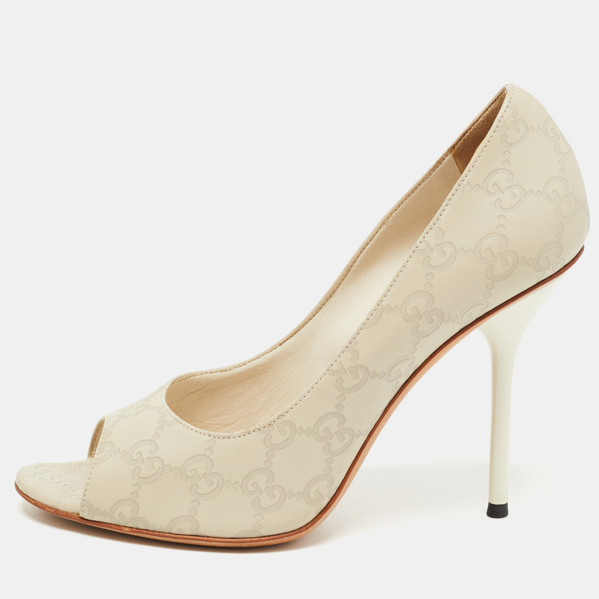 Pre Owned Gucci Grey Guccissima Leather Peep Toe Pumps Size 38.5