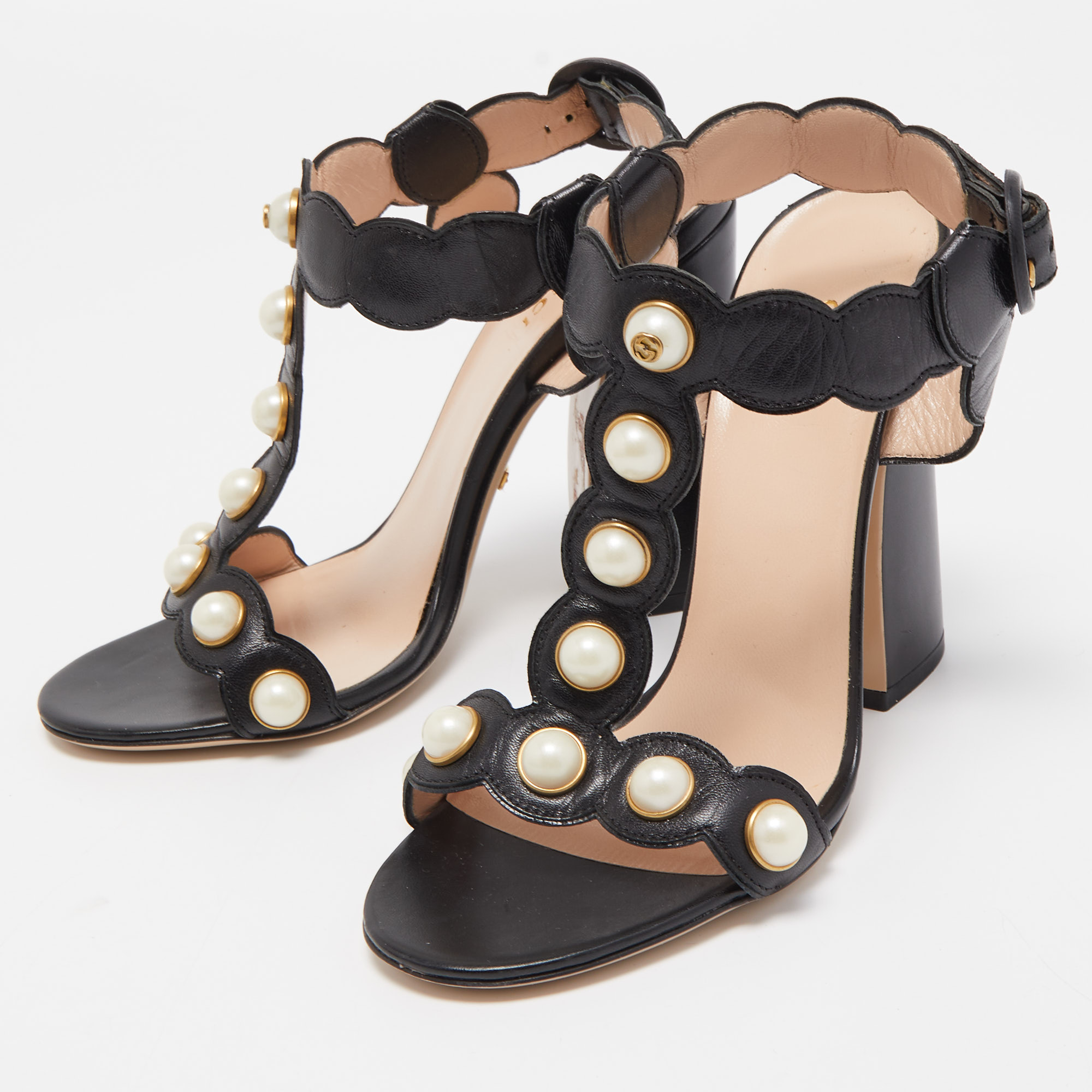 

Gucci Black Leather Pearl Embellished Block Heel Ankle Strap Sandals Size