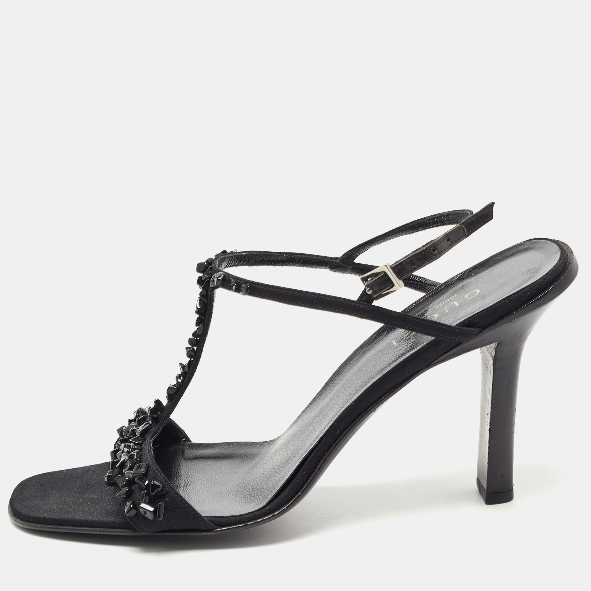 Pre-owned Gucci Black Satin Crystal Embellished Ankle Strap Sandals Size 38.5
