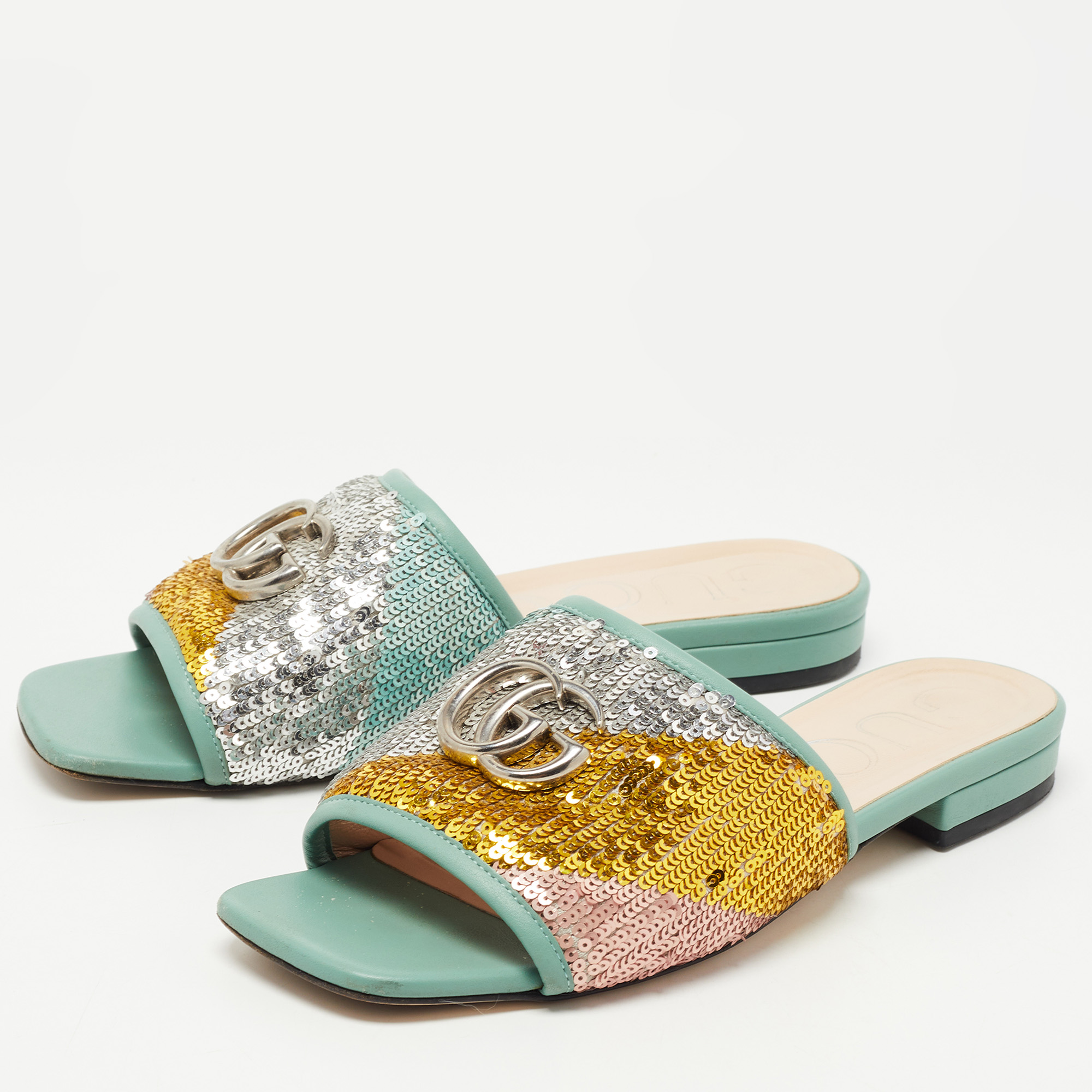 

Gucci Green Leather and Sequin Embellished Double G Flat Slides Size, Gold