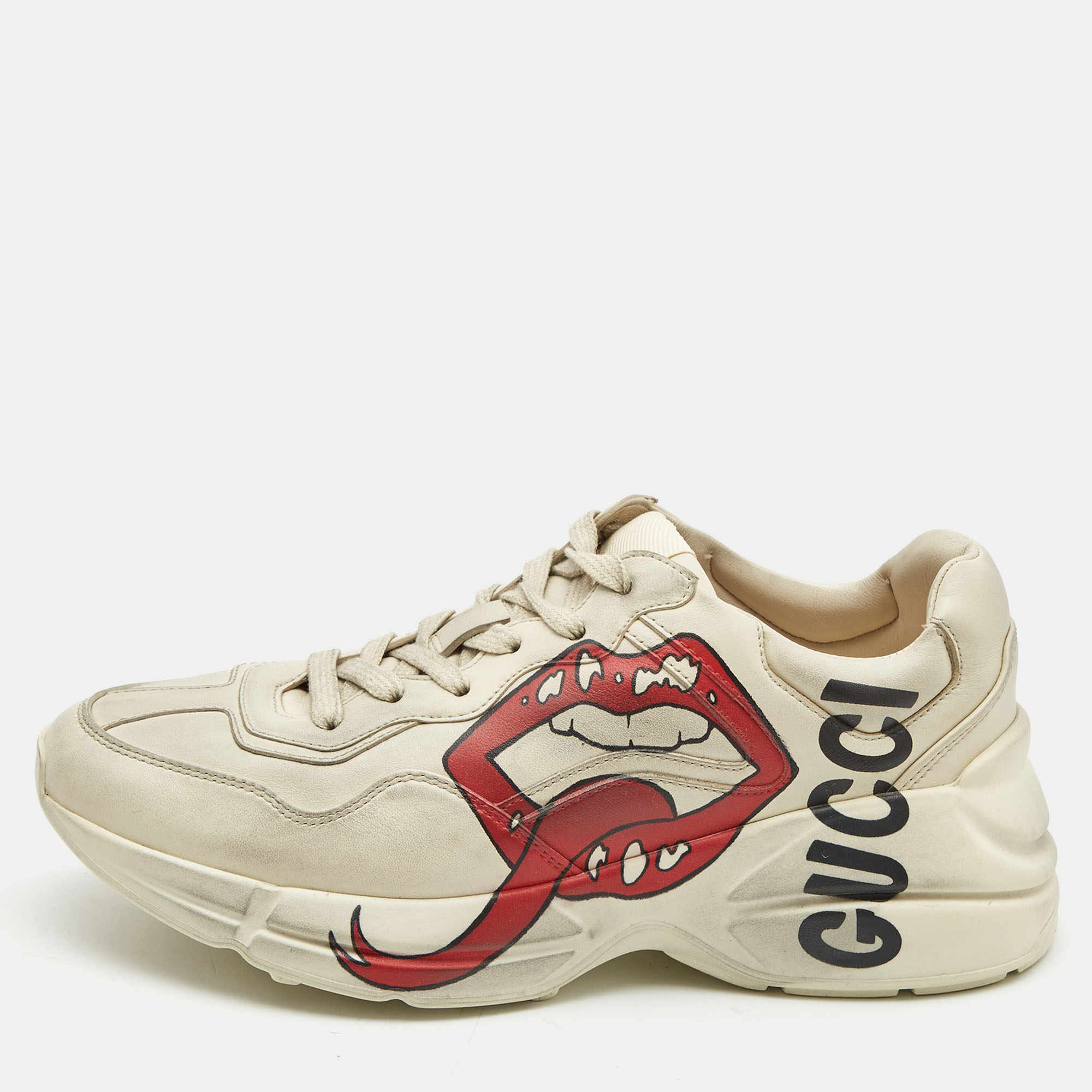 Gucci Cream Leather Rhyton Lace Up Sneakers Size 38