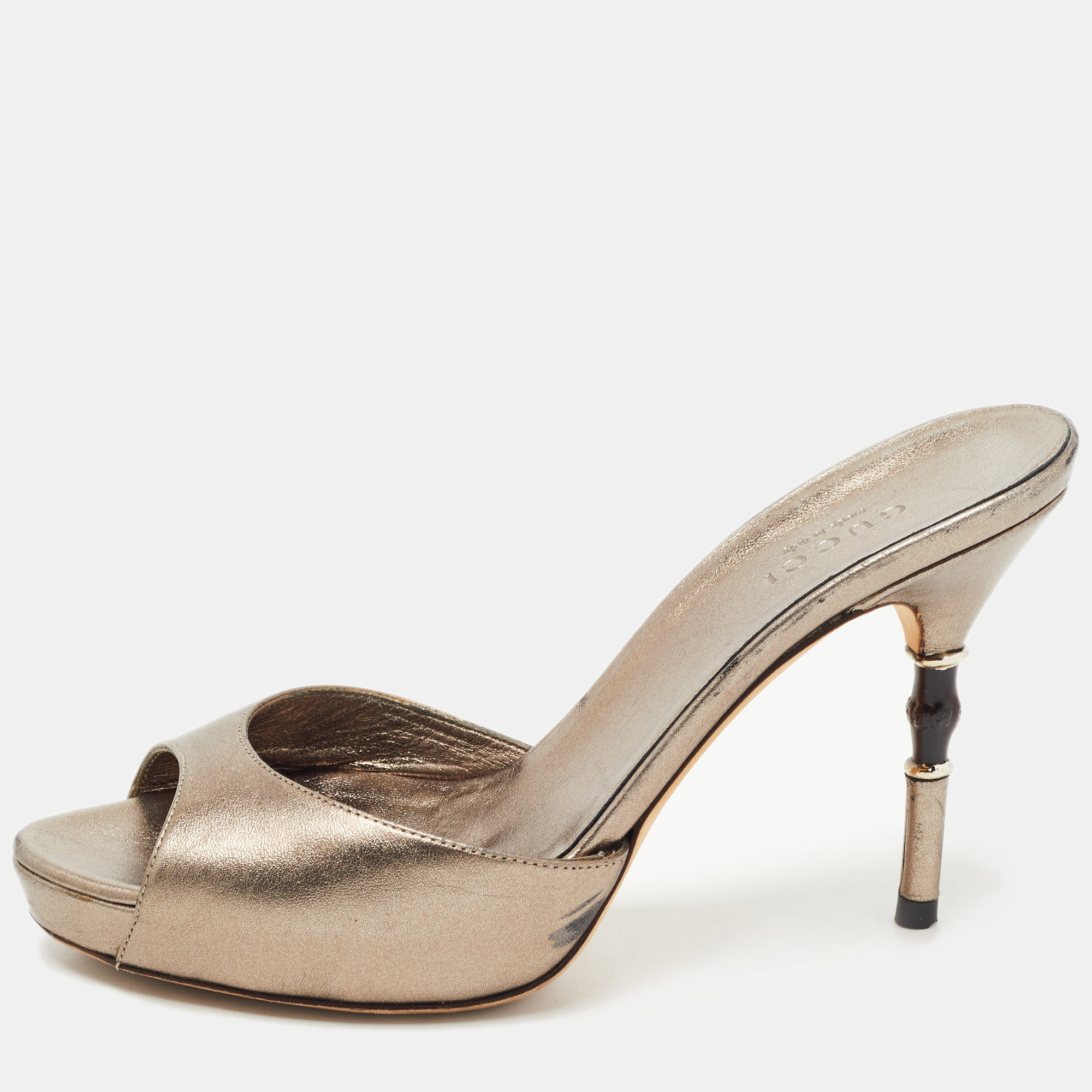 

Gucci Metallic Bronze Leather Slide Sandals Size