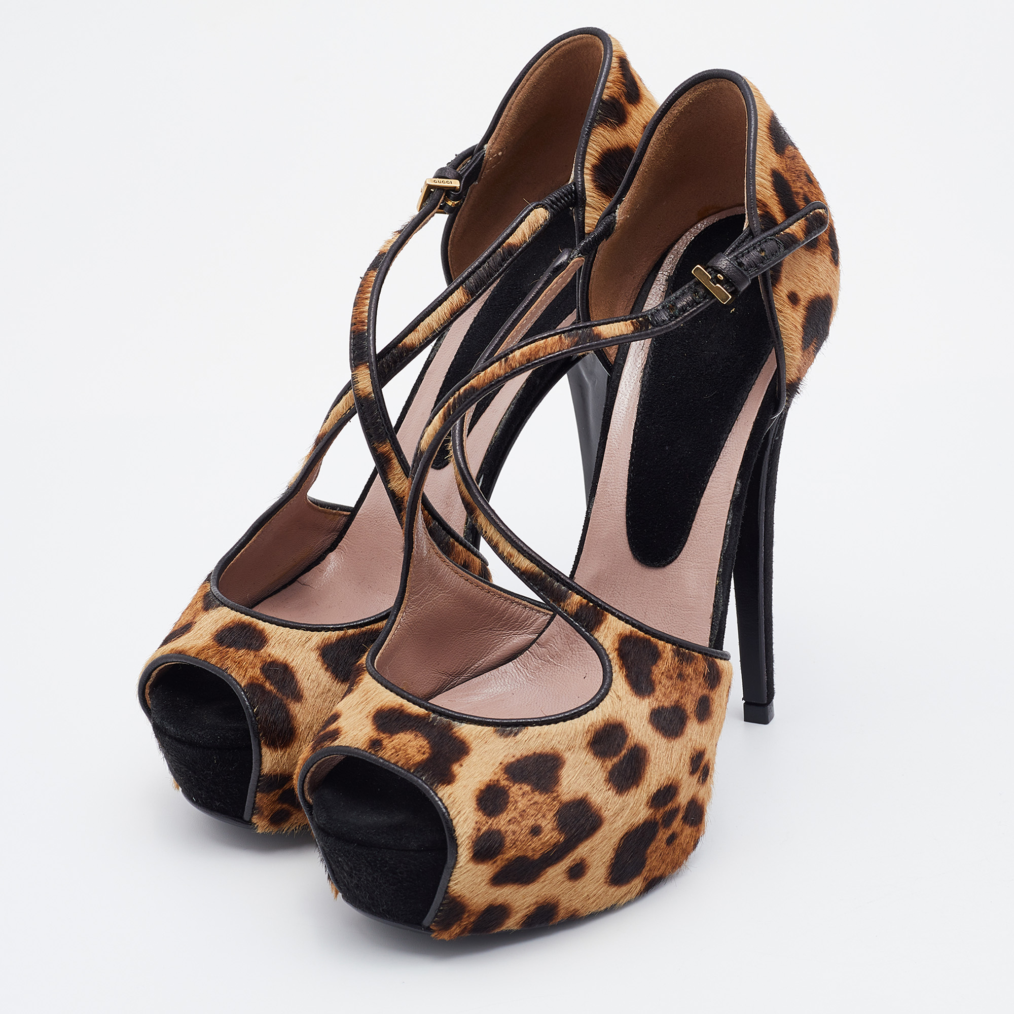 

Gucci Black/Brown Leopard Print CalfHair Platform Peep Toe Sandals Size