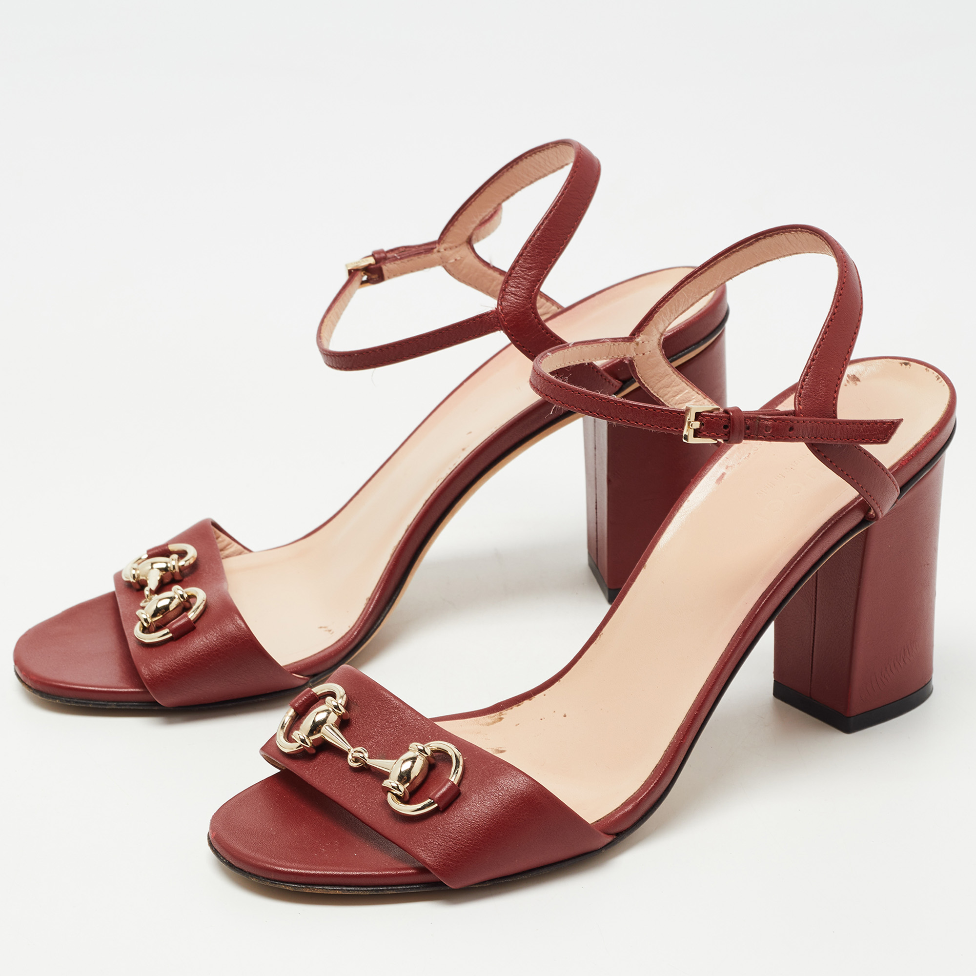 

Gucci Burgundy Leather Horsebit Ankle Strap Sandals Size