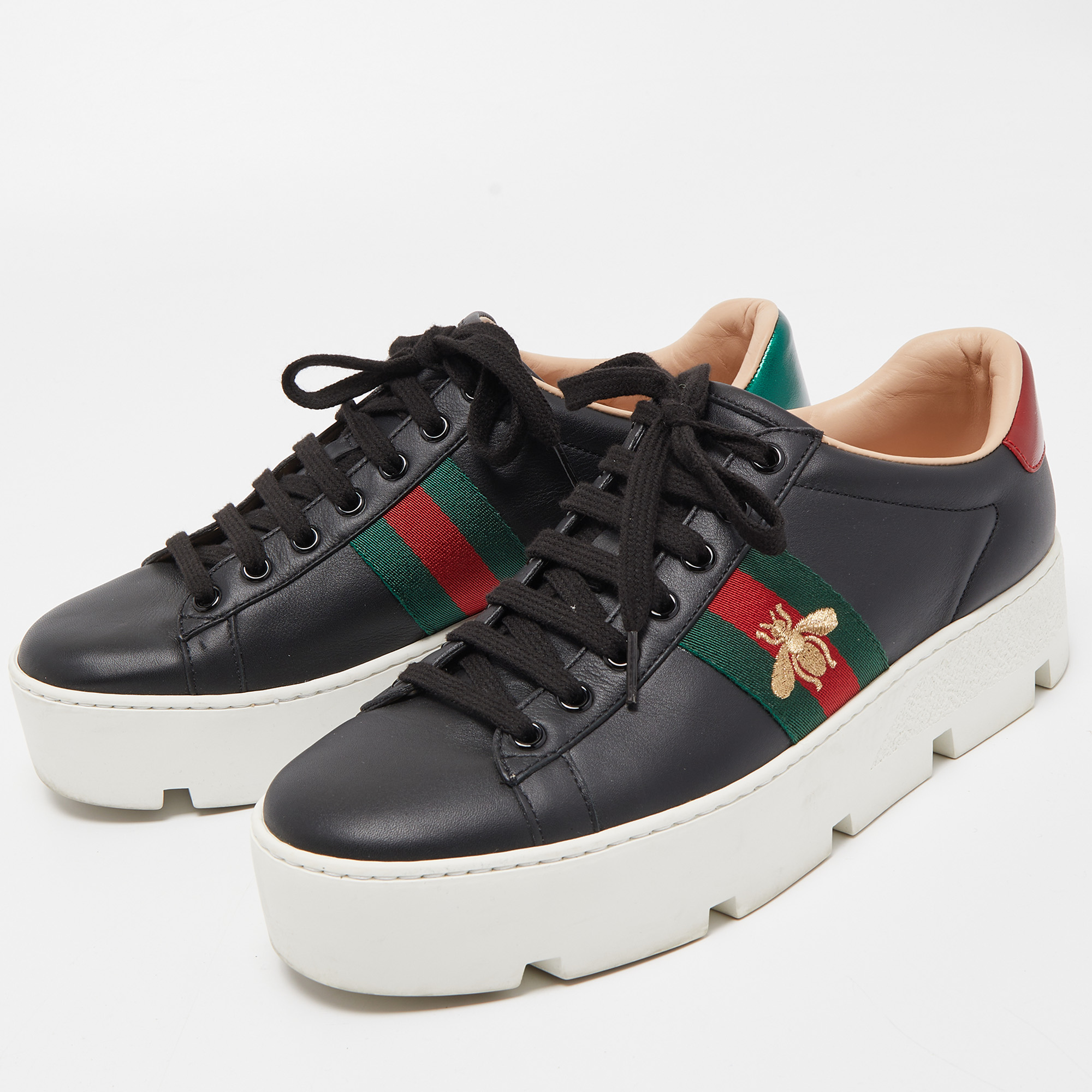 

Gucci Black Leather Embroidered Bee Ace Platform Sneakers Size