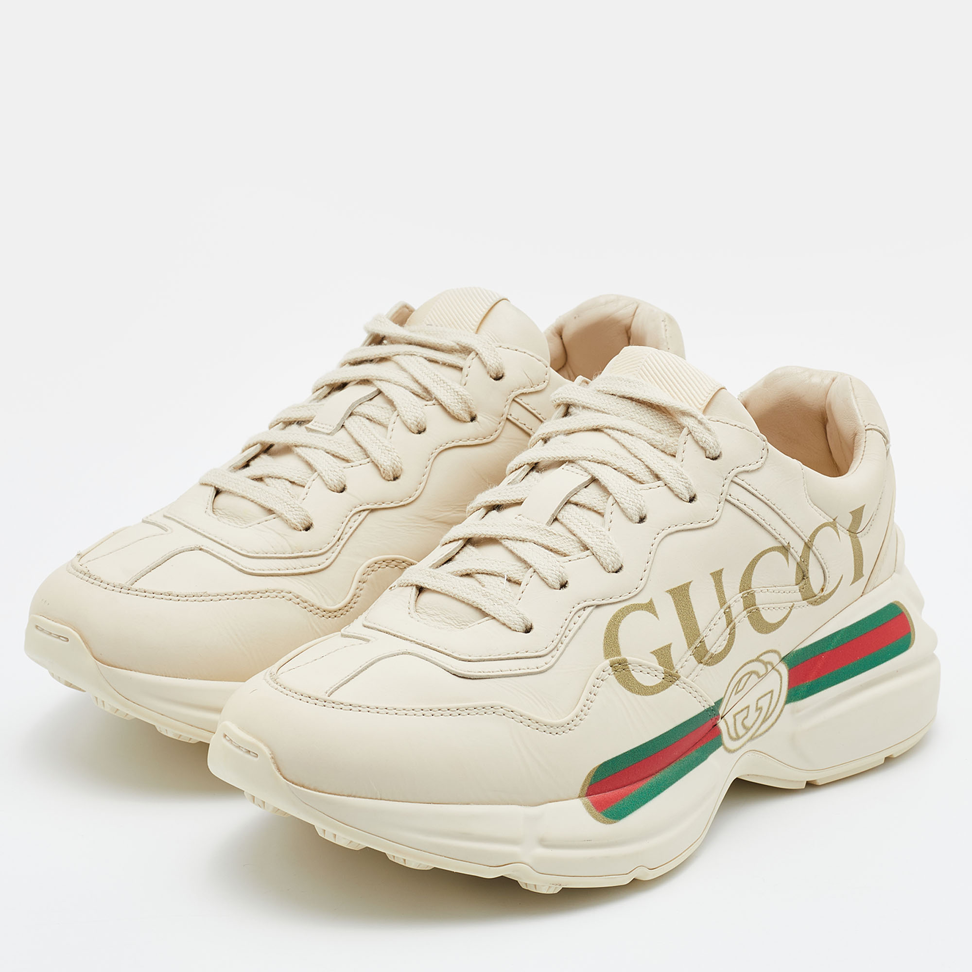 Gucci Beige Leather Rhyton Gucci Logo Low Top Sneakers Size 37 Gucci | TLC