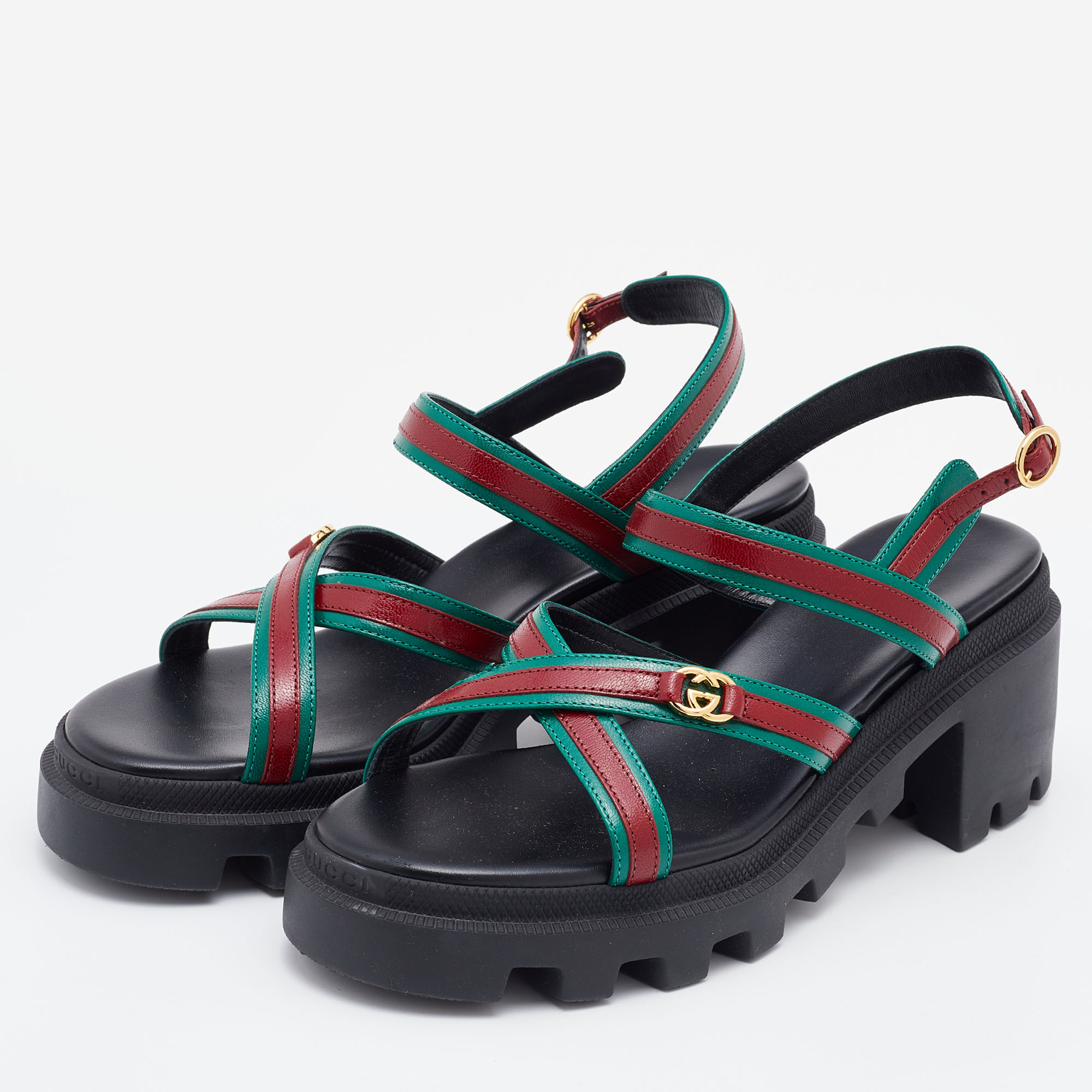 

Gucci Green/Red Leather Lug Platform Slingback Sandals Size