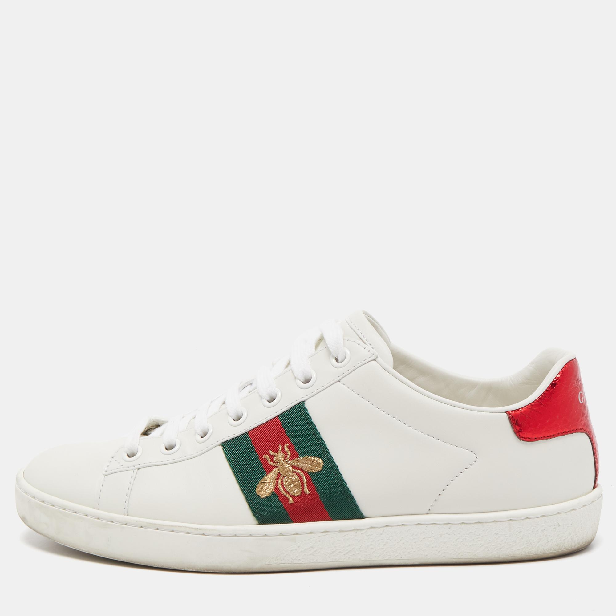 Gucci White Leather Embroidered Bee Ace Sneakers Size 37