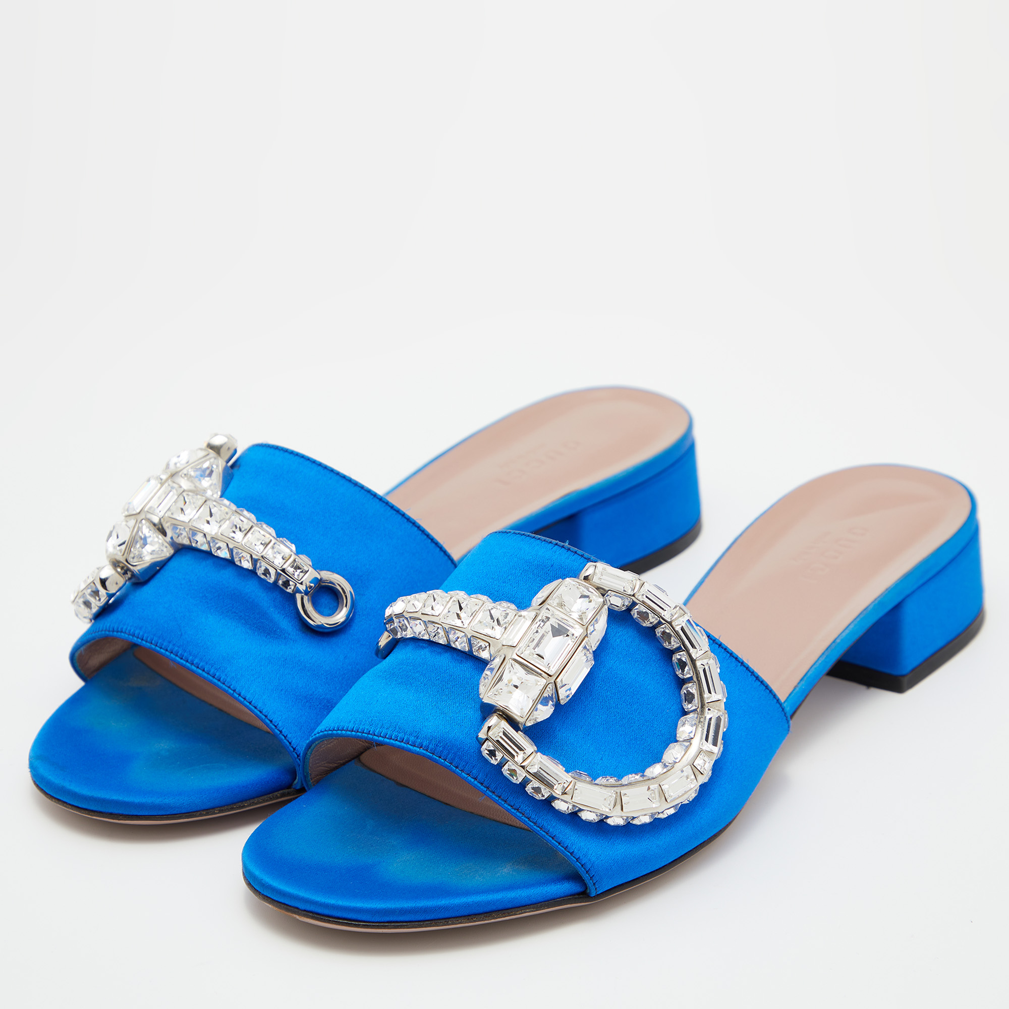 

Gucci Blue Satin Crystal Horsebit Maxime Slide Sandals Size