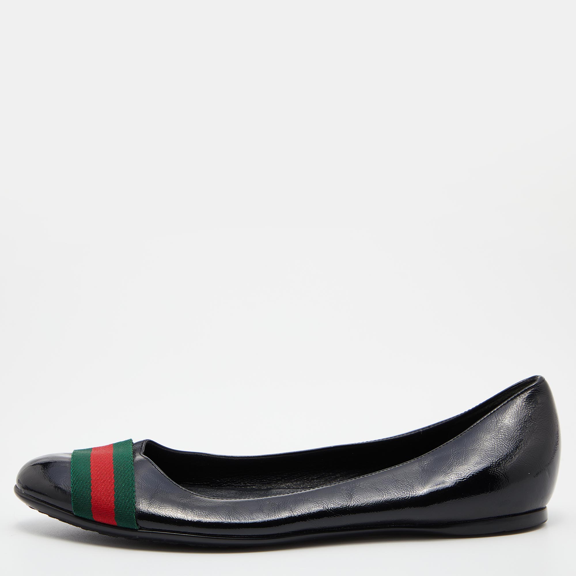 Pre-owned Gucci Black Patent Leather Web Stripe Ballet Flats Size 39