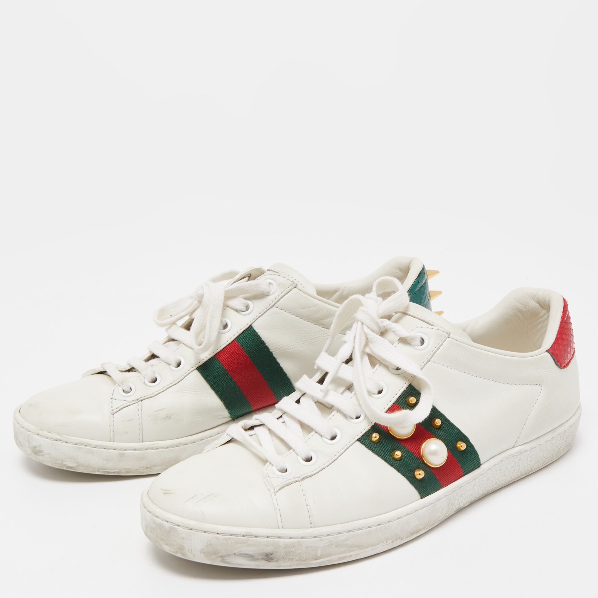 

Gucci White Leather Faux Pearl Embellished Ace Sneakers Size