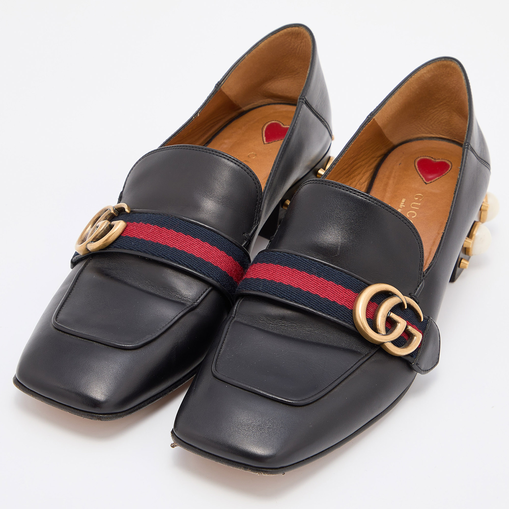 

Gucci Black Leather Peyton GG Sylvie Pearl Studded Loafer Size