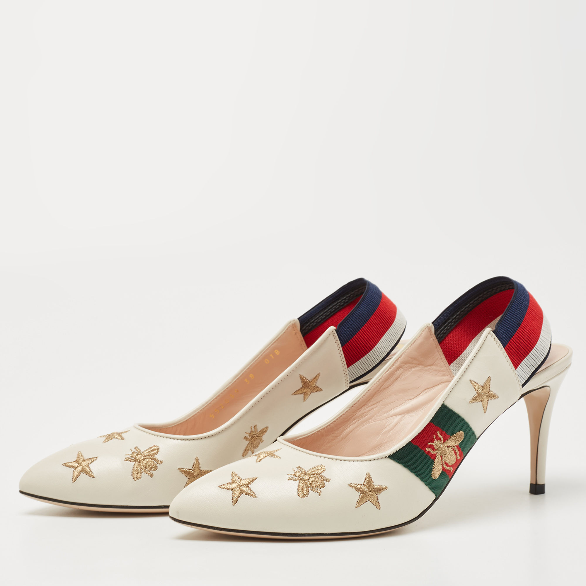 

Gucci Cream Leather Web Sylvie Slingback Pumps Size