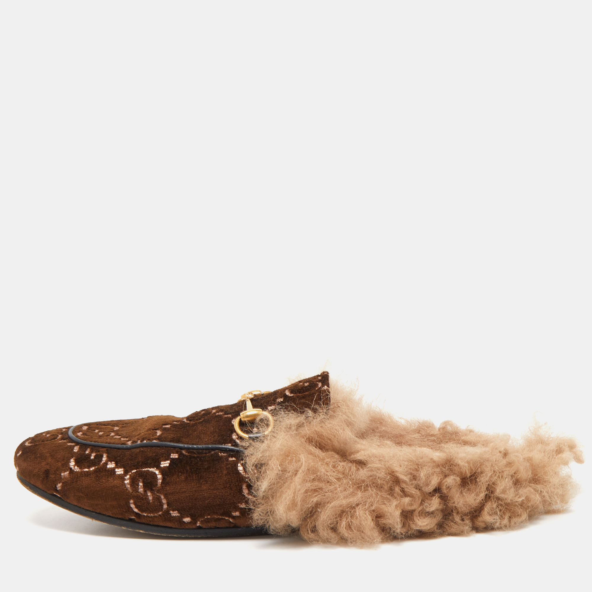 مملوكة مسبقًا Gucci Brown GG Velvet and Fur Lined Princetown Flat Mule Size 38