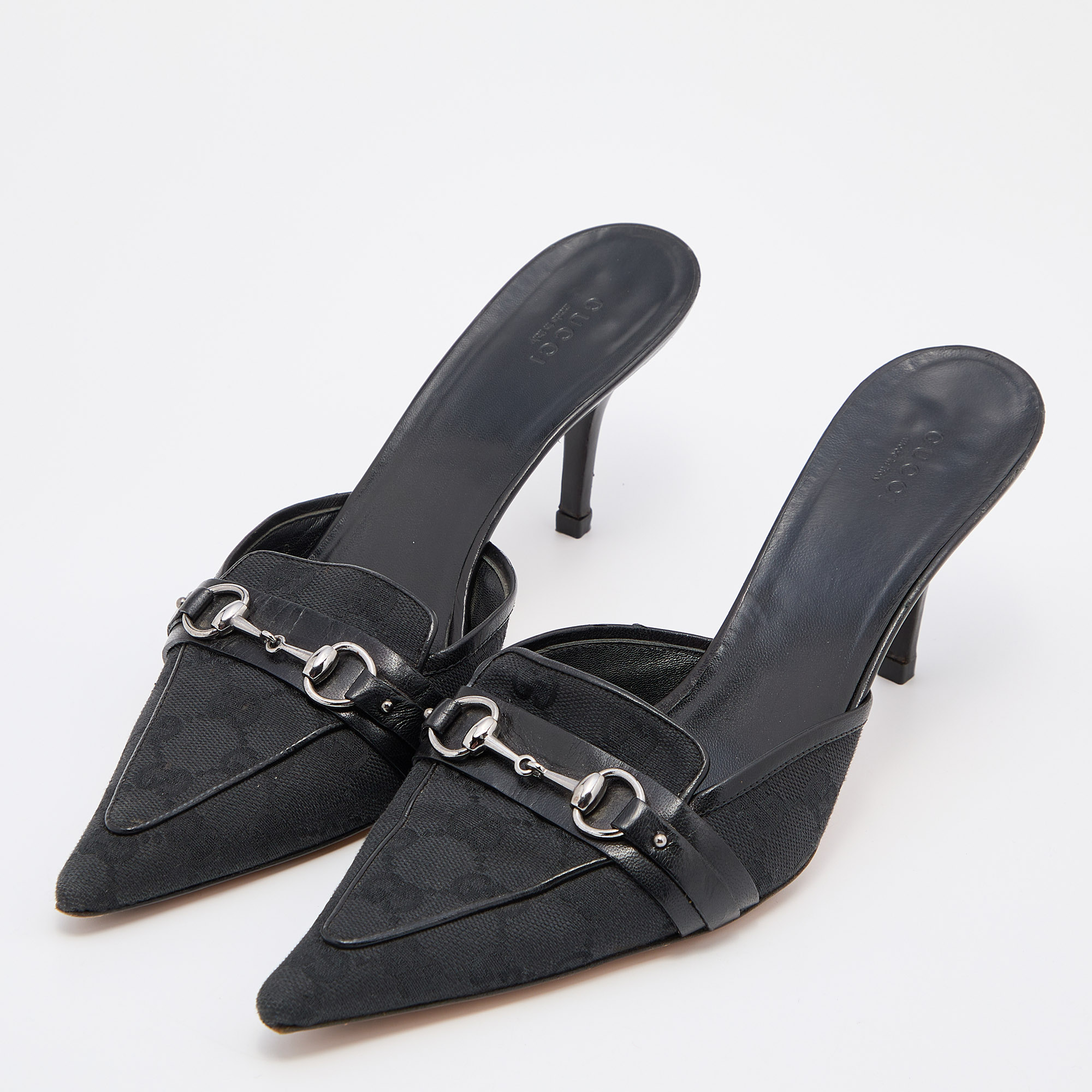 

Gucci Black GG Canvas and Leather Horsebit Pointed Toe Mules Size